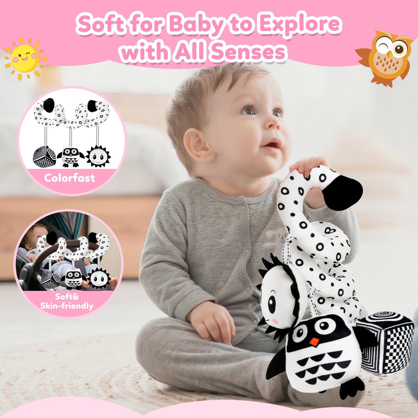 Baby Hanging Stroller and Car Seat Toys High Contrast Baby Toys for Newborn Black and White Sensory Plush Activity Toy for Babies 0-6 Months-OWL