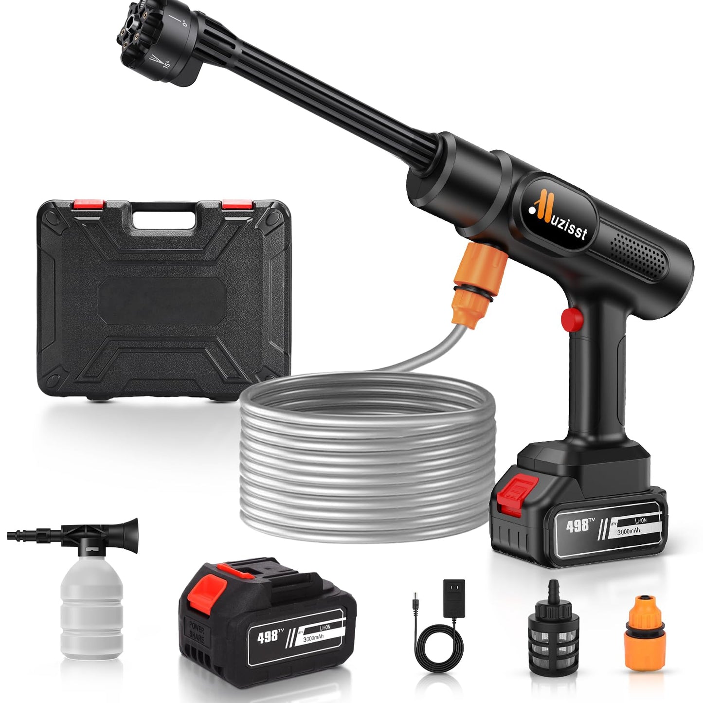 Muzisst Cordless Pressure Washer, 900PSI Portable Power Washer, hidrolavadora portatil, 3.0Ah Battery Powered Pressure Washer with 6-in-1 Nozzle, Handheld Pressure Car Washer for Car/Yard/Garden