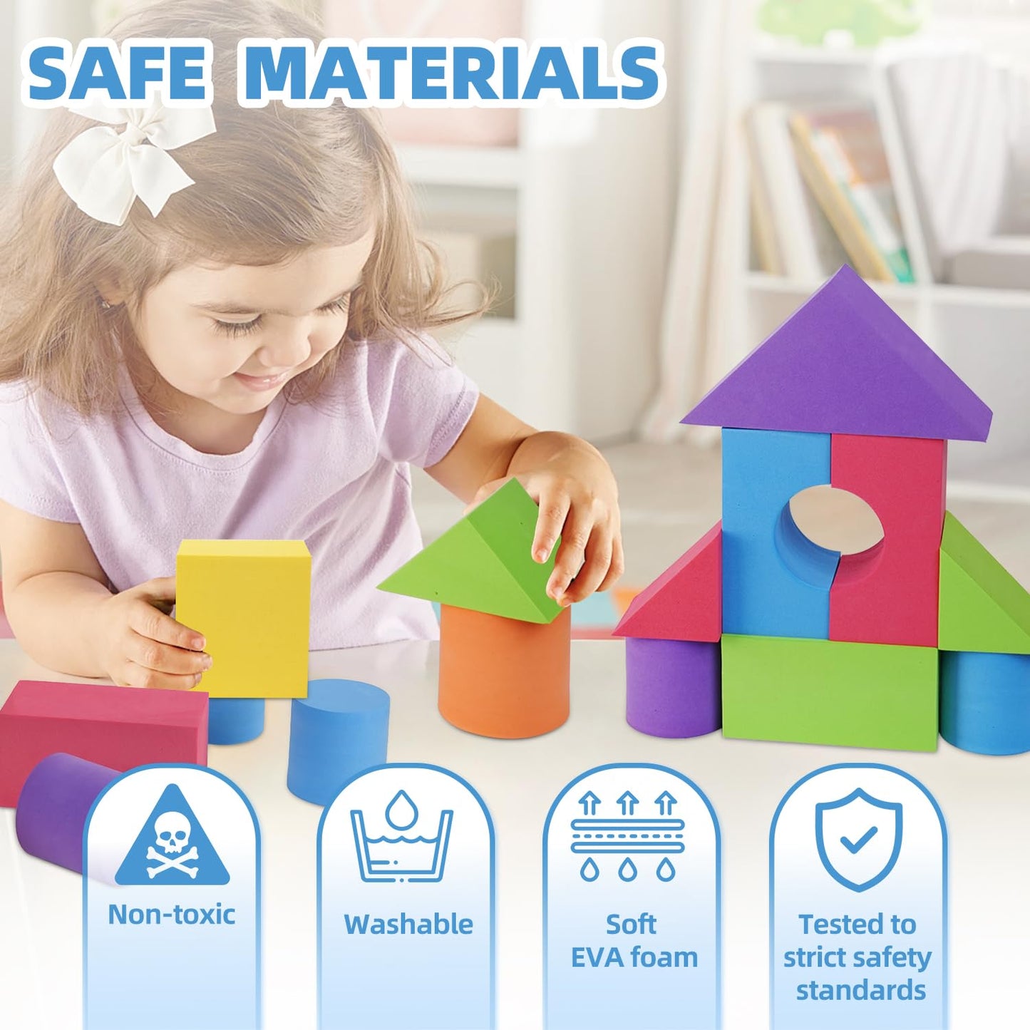 Bingyouth Large Building Foam Blocks for Toddlers, EVA Stacking Foam Building Blocks Toy Set, Non-Toxic, Washable, Early Learning Construction Toys & Gifts for Kids Boys & Girls (Blue, Pieces, 30)
