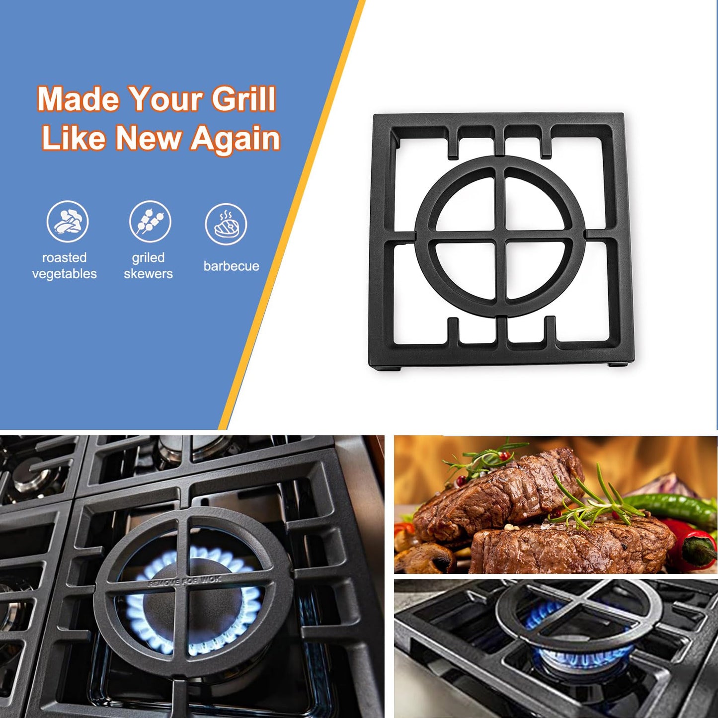 W11380124 Burner Grate Replacement for Whirlpool KitchenAid Stove Parts Cast Iron Stove Top Burner Grate KCGC506JSS00, Gas Range Parts Dual Fuel Range Grate Stove Oven Parts Cooktop Grate 1 Pcs
