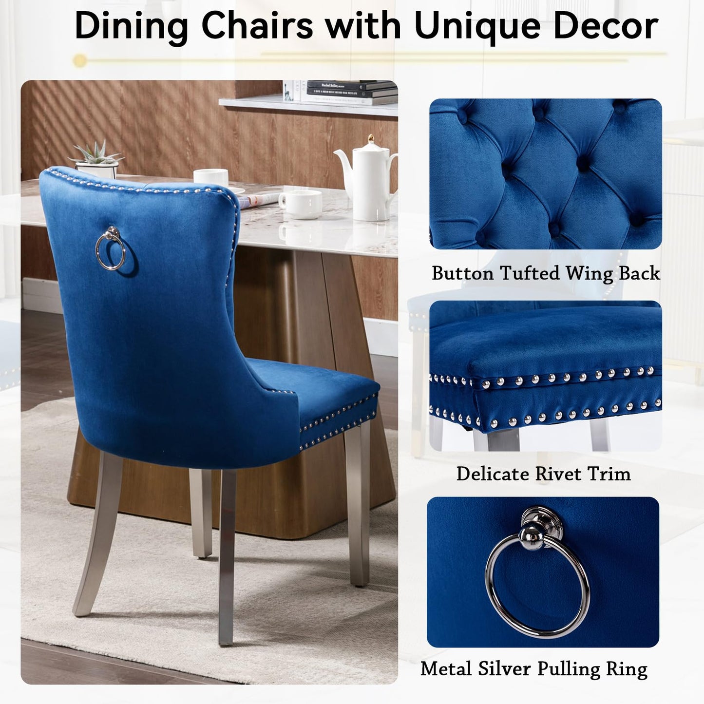 White Marble Extendable Dining Table Set for 10, 11-Piece Extendable Kitchen Table Set with 10 Blue Velvet Chairs, Modern 63"-94" Expandable Dining Room Table Set with Mirrored Pedestal for Kitchen