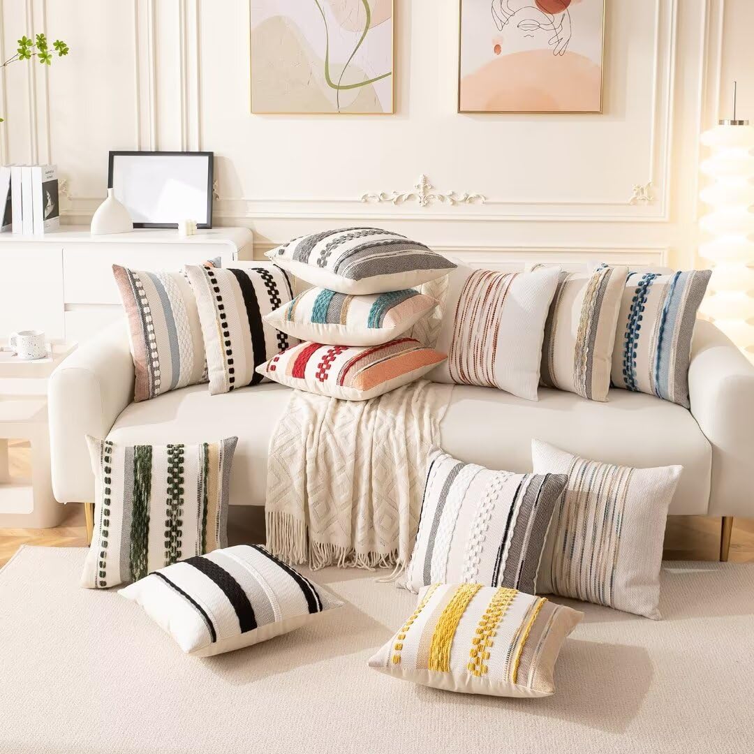 WANLIRD Boho Throw Pillow Covers 18x18 Set of 2 Farmhouse Decorative Cushion Case Striped Square Pillows Cover Chenille Pillow Cases Accent Neutral Pillowcase for Sofa Couch Bed,Sky Blue