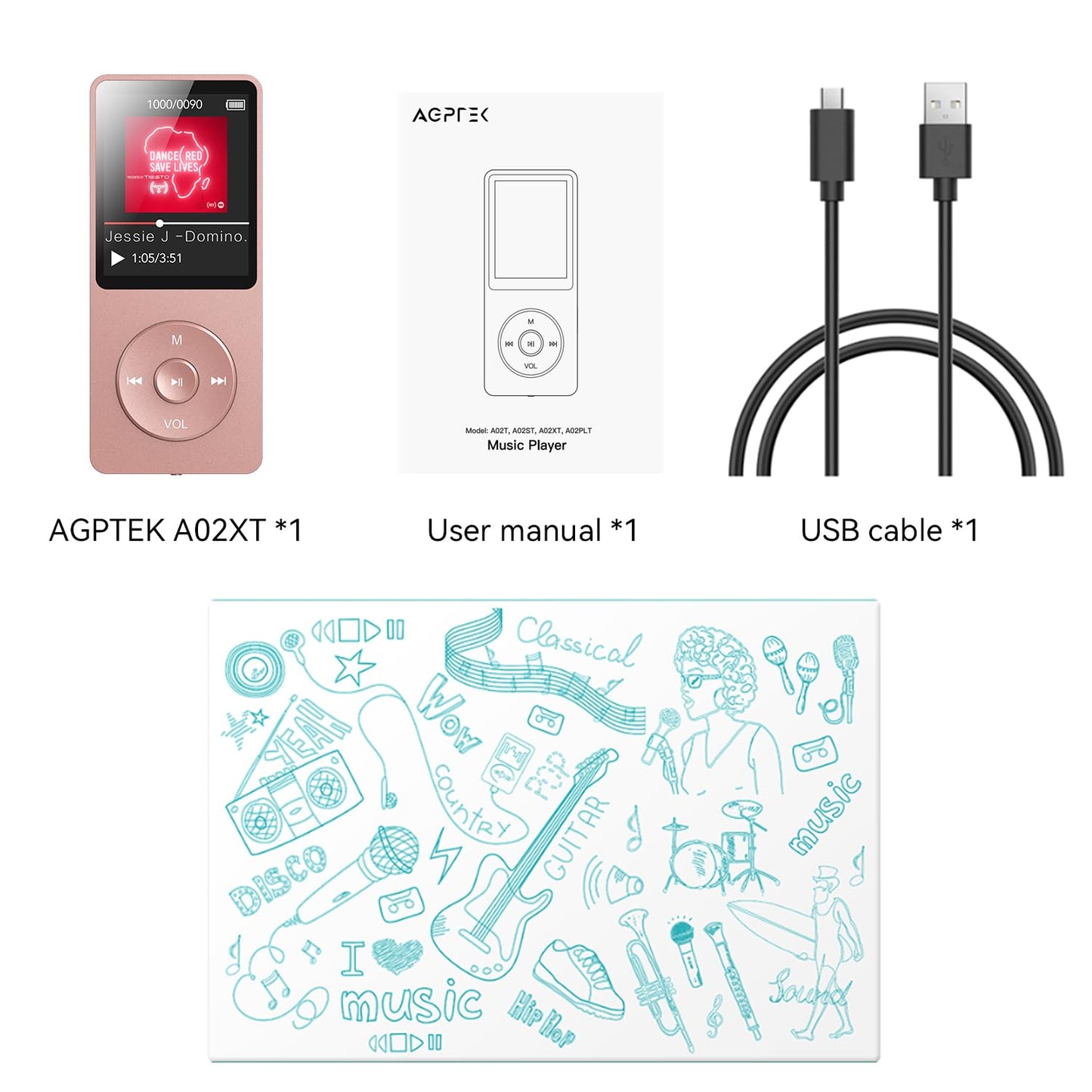 AGPTEK A02 MP3 Player with Bluetooth 5.3, 1.8 inch Screen Portable Music Player with Speaker, FM Radio, Voice Recorder, Supports Expanded Up to 128GB(Rose Gold, 32GB)
