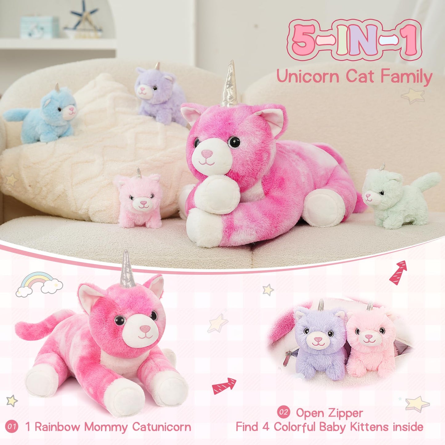 MorisMos Unicorn Cat Stuffed Animal With Kitten Babies, 24'' Caticorns, Rainbow Unicorn Cat Toys for Girl Boy Kids, Mommy Plush Cat With Baby Kitten Stuffed Animals, Kitty Cat Pillow