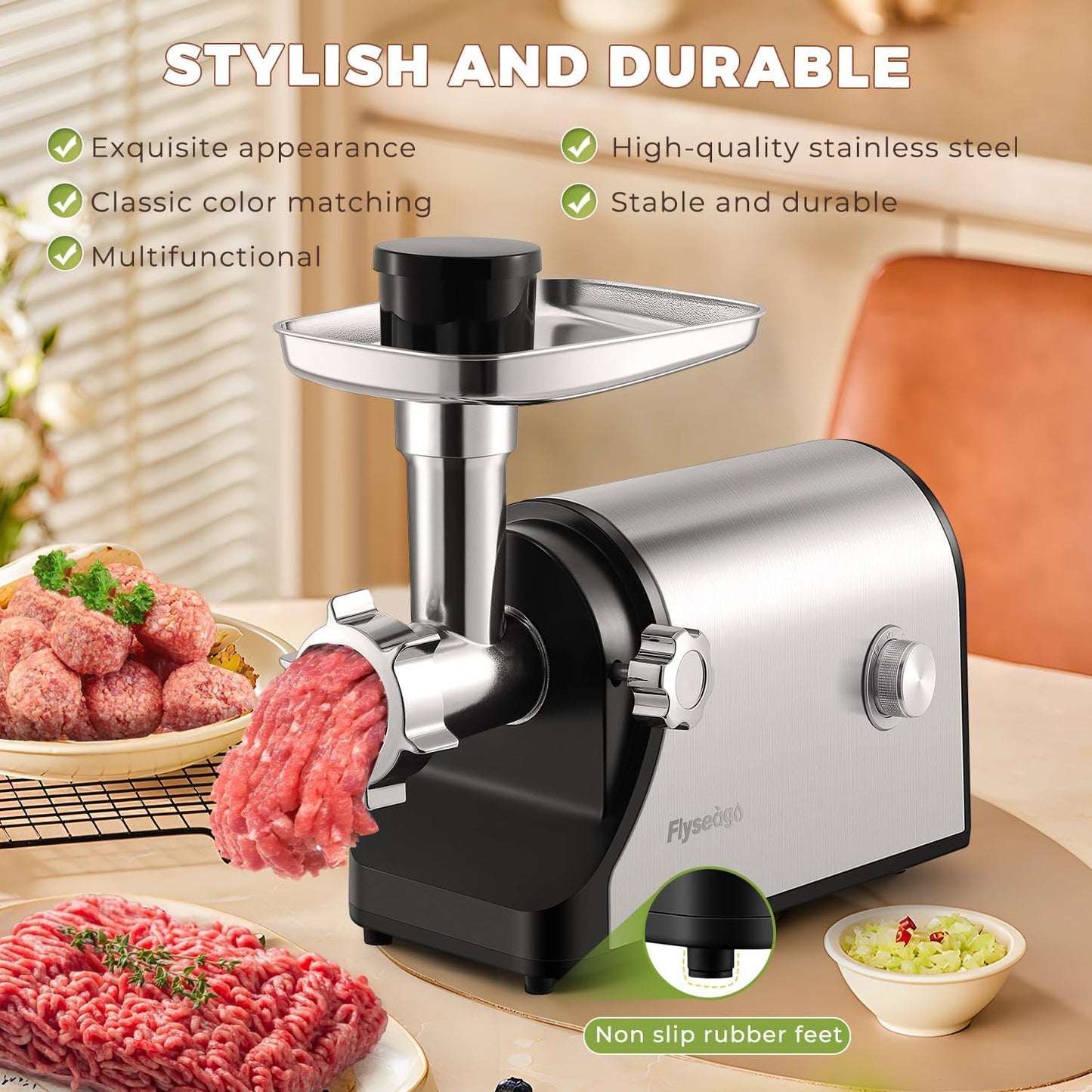 Flyseago Multifunctional 3200W Electric Meat Grinder Heavy Duty Commercial Meat Grinders, Veggie Shredder, Ice Cutter with 2 Blades, 3 Grinding Plates, 3 Sausage Tubes, Meat Grinder for Home Use