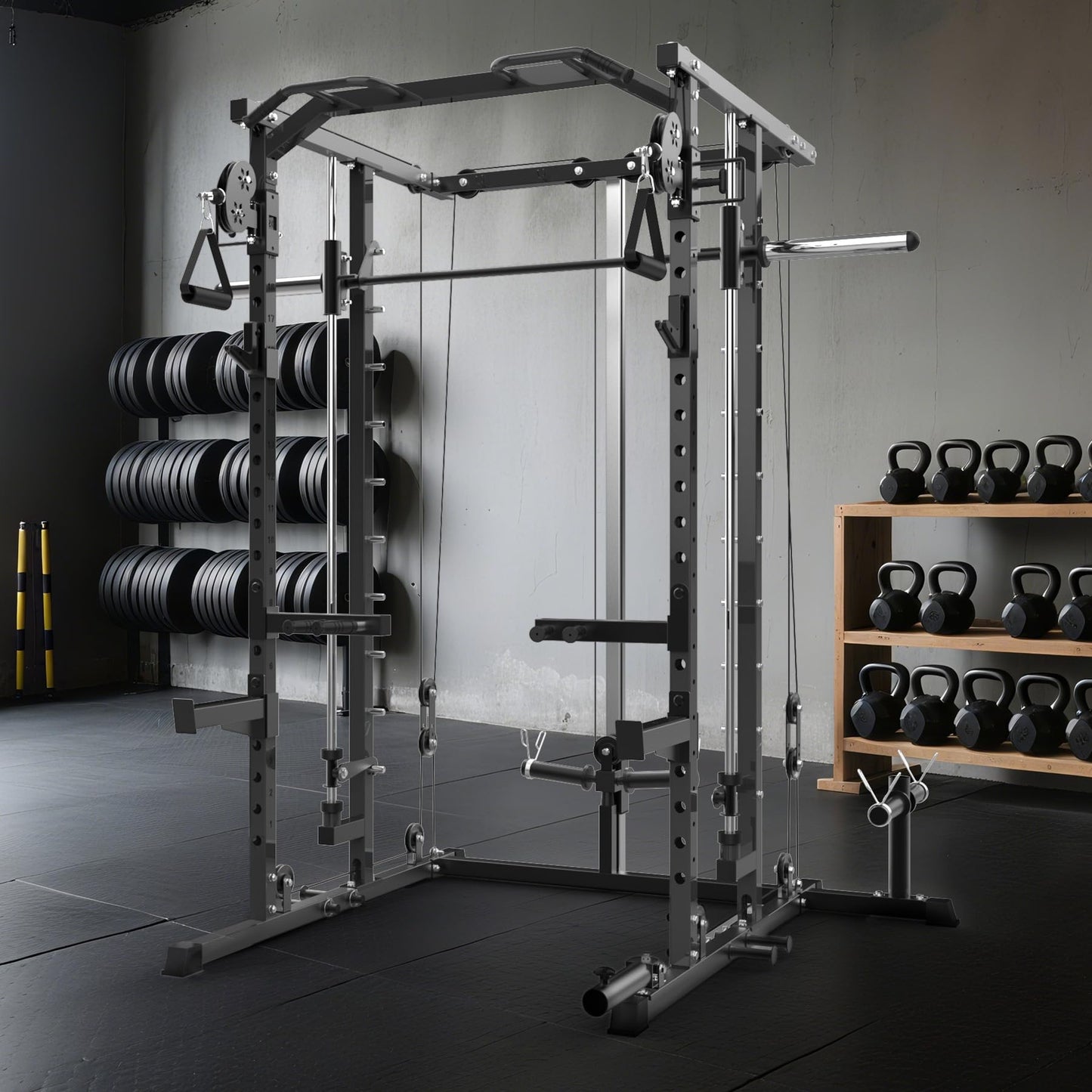 GarveeLife Power Cage, Smith Machine Squat Rack, Heavy Duty Power Rack for Home Gym with Pulley System, Dip Bar, LAT Pulldown, Multifunctional Squat Rack for Home Gym, Black
