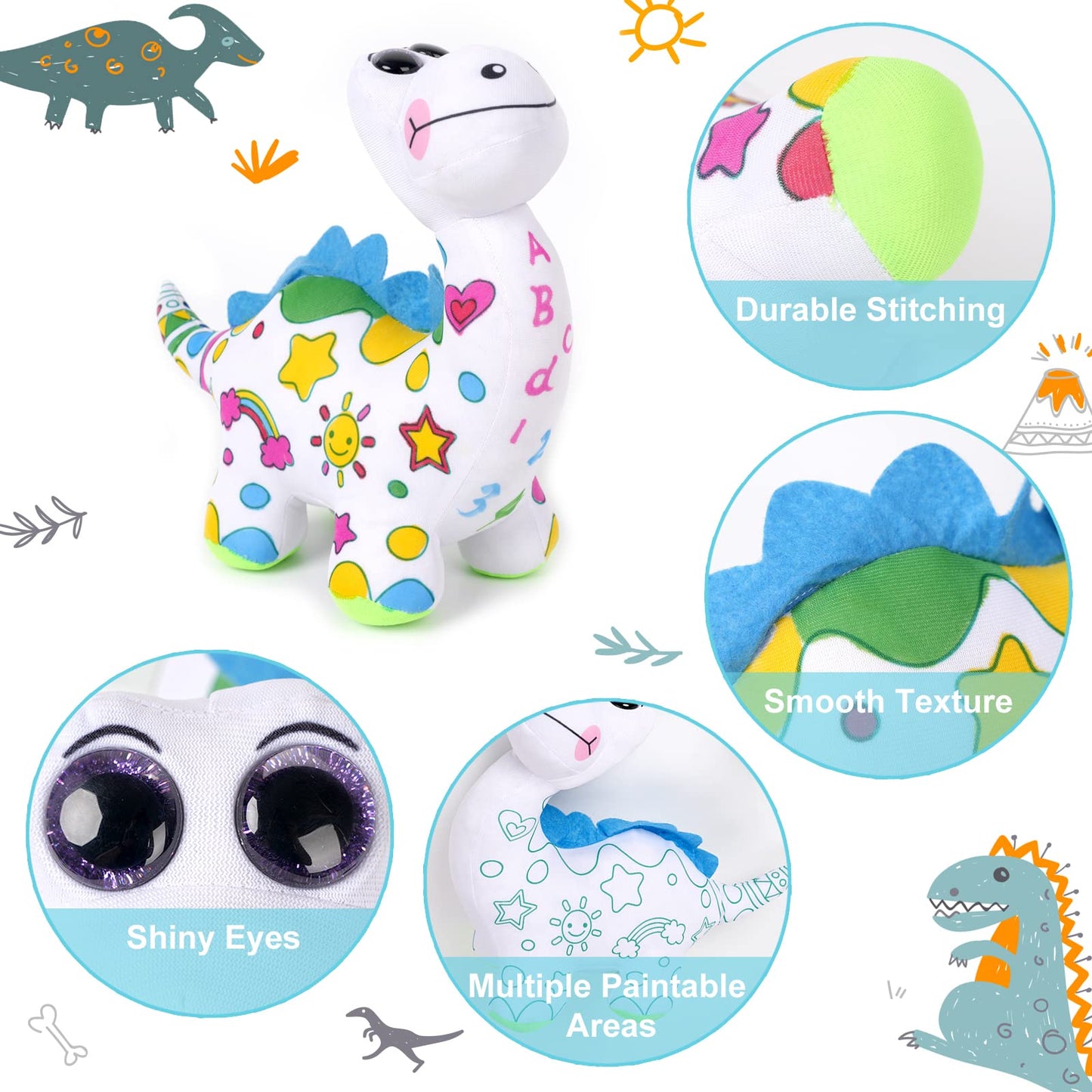 DRAWMYTOY DIY Coloring Plush Toy with Washable Markers, Scribble Pets Stuffed Animal, Doodle Dolls Art Toy for Boys and Girls Ages 3-8, Birthday Gift (Dinosaur)