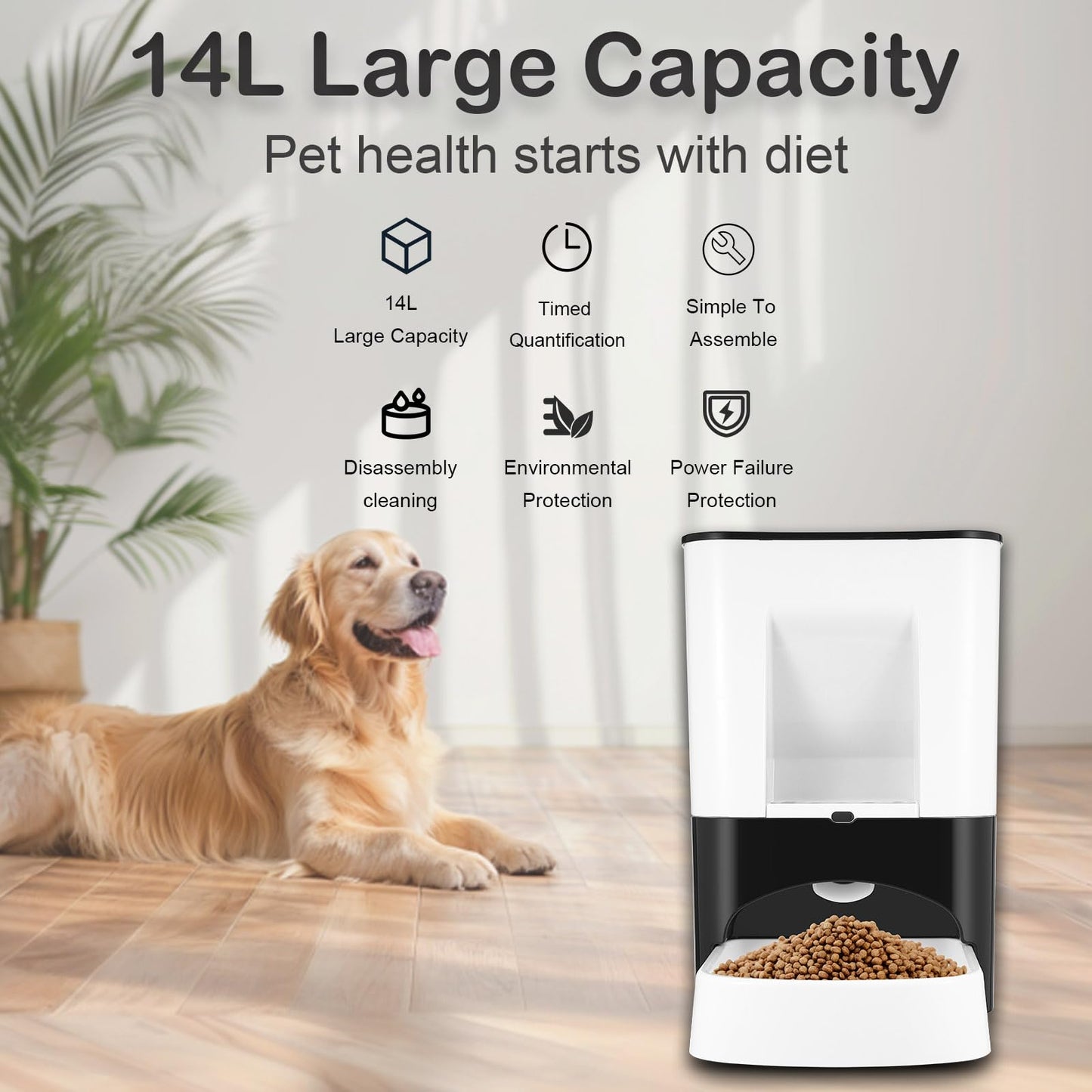 Large Automatic Dog Feeder, 14L Extra Large Breed Auto Dog Feeder Timed Programmable Pet Food Dispenser, Portion Control Voice Recording Suitable for Large and Medium-Sized Dogs