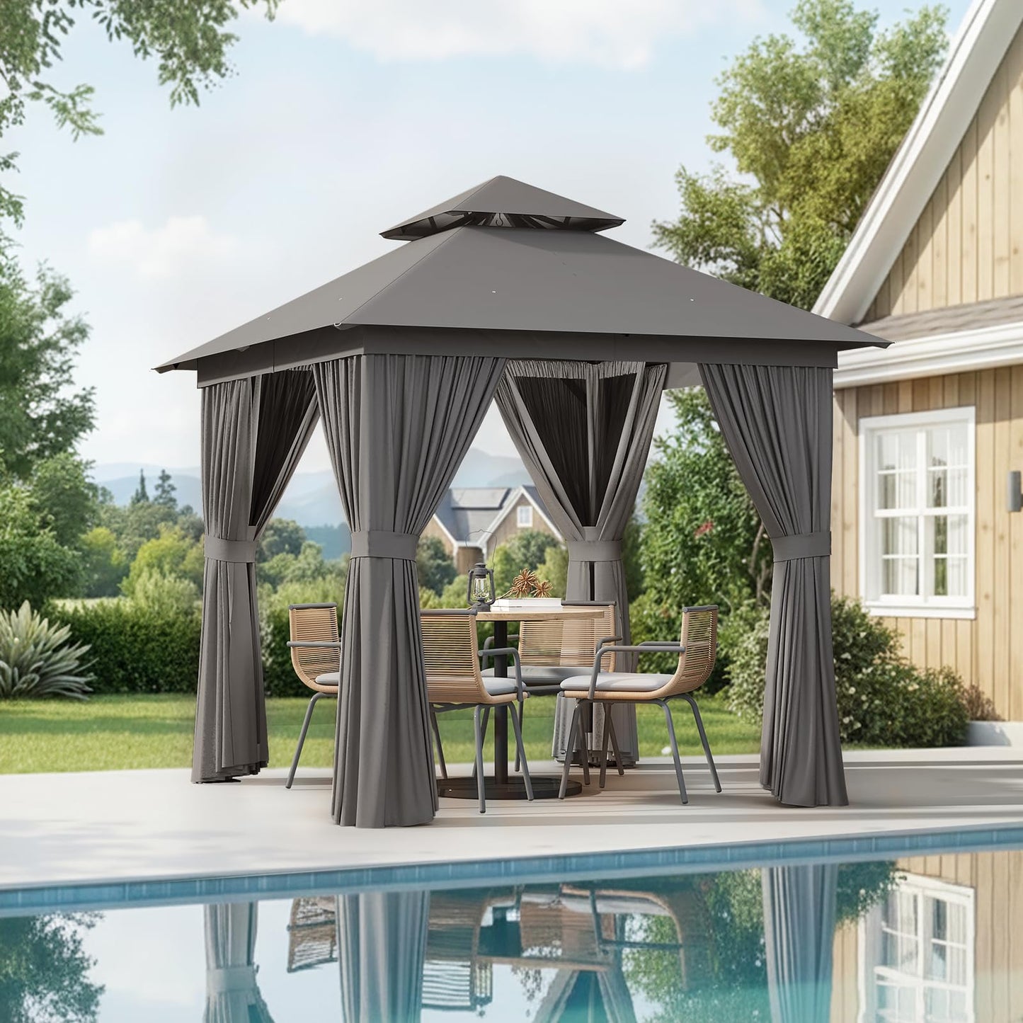 Aoxun Outdoor Gazebo for Patio 8x8, Metal Frame Canopy with Double Roofs, Heavy Duty Party Tent and Shelter with Mosquito Netting and Privacy Screen for Backyard, Lawn, Garden, Deck (Grey)