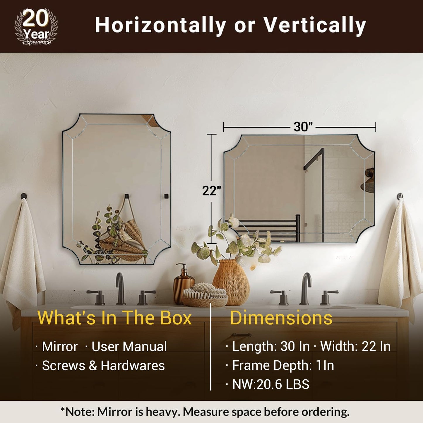 Andy Star Brushed Nickel Mirror, 22x30 Scalloped Bathroom Mirror, Silver Vanity Mirror in Anti-Rust Stainless Steel, Notched Mirrors with Delicate Tessellated Glass, Wall-Mounted Horizontal/Vertical