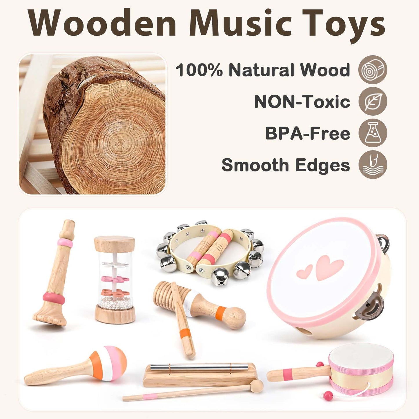 Musical Toys for 2 3 Year Old Girl Birthday Gifts, Wooden Montessori Toys for 2 Year Old, 8 in 1 Musical Instruments for Toddlers with Drum/Hand Bells/Flute/Maracas, Preschool Toys for Baby 18+ Months