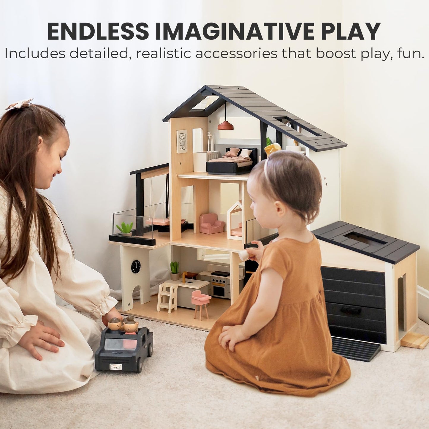Tiny Land Modern Family Dollhouse & Wooden Dollhouse Garage Toy Set