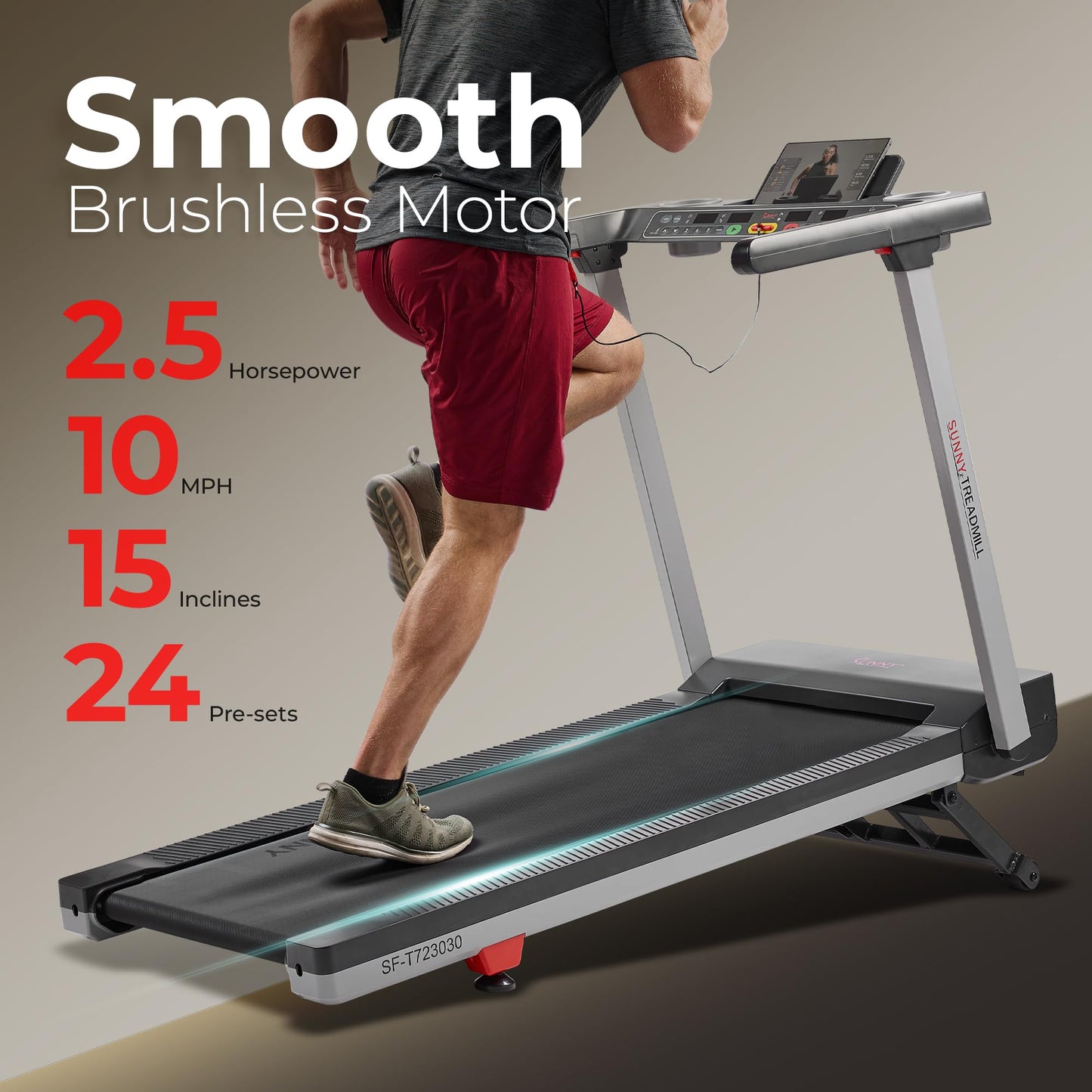 Sunny Health & Fitness Foldable 15 Level Auto Incline Treadmill, 20" Wide Running Belt, Quiet Brushless, Digital Display, 300 LB Weight Capacity, SunnyFit App Bluetooth Connection- SF-T723030