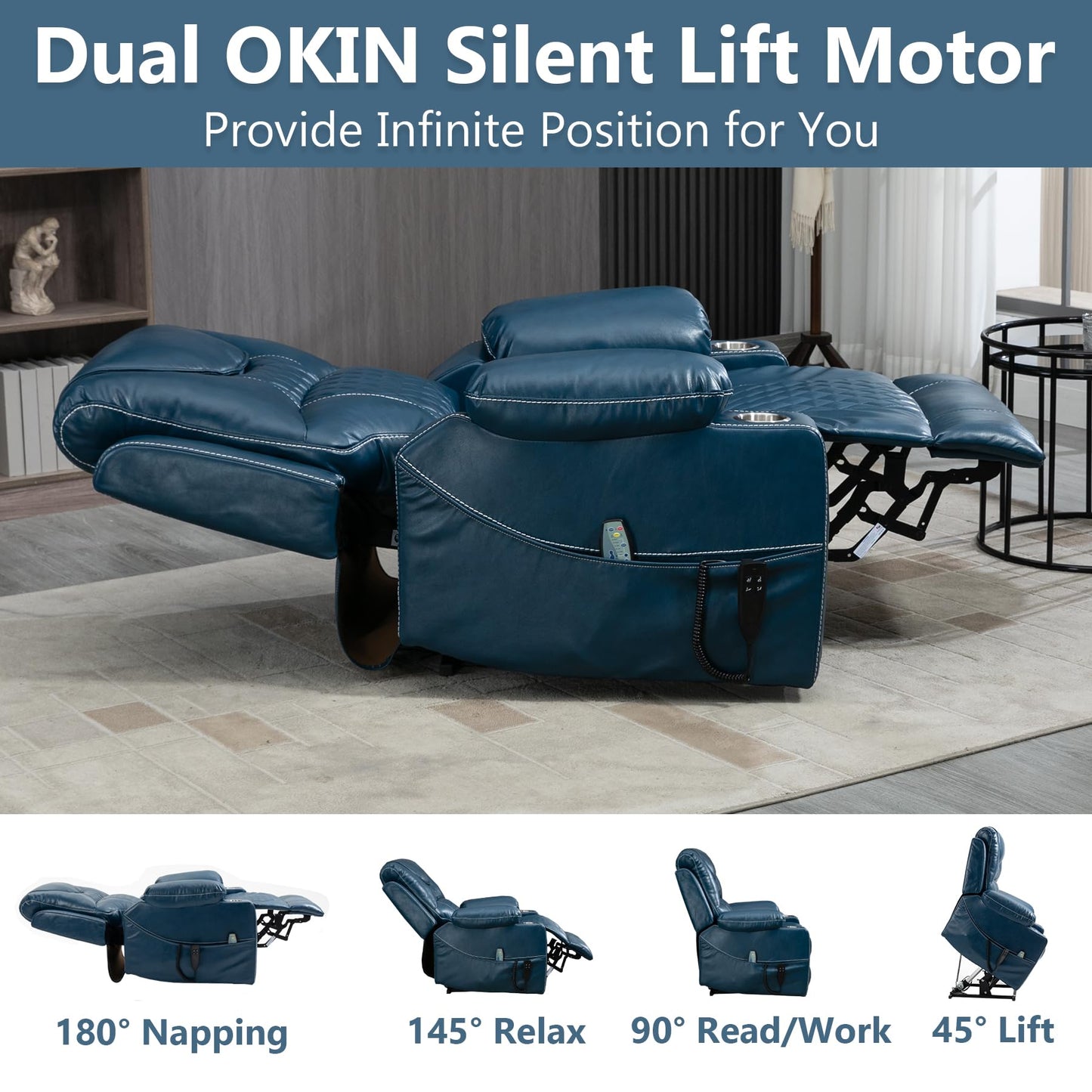 RHHVVR Oversized Power Lift Recliner Chair 400 LBS for Big and Tall, 25" Extra Wide Electirc Recliner Chair Living Room Sofa with Massage and Heating, Dual Motor Leather Home Theater Seat,Blue