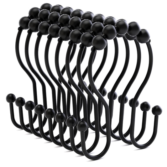 Bathway Shower Curtain Hooks Shower Curtain Rings Black Shower Curtain Hooks RustProof Smooth Metal Double Shower Curtain Hook, Shower Hooks for Shower Curtain Liner Bathroom Shower Rod Hook