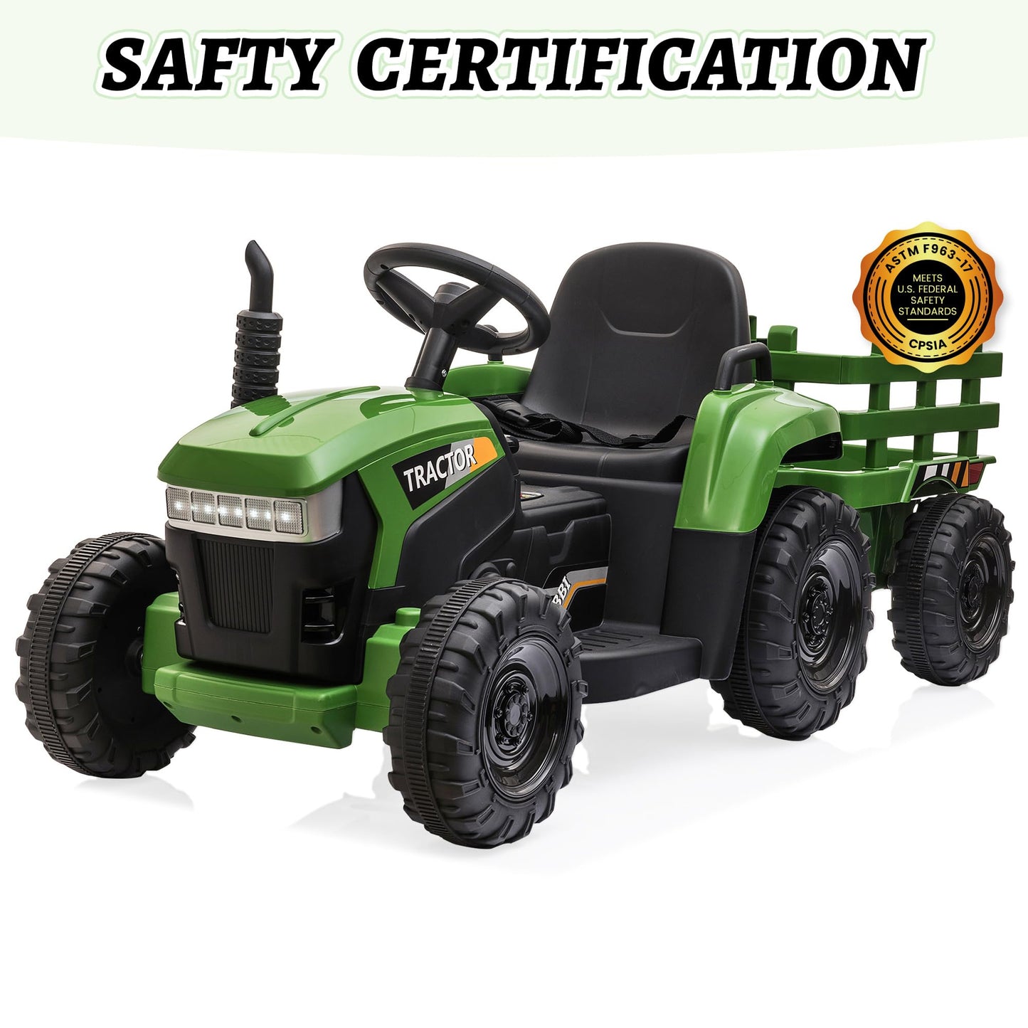 TOBBI Kids Electric Ride On Toy Tractor, Toddlers 12V Battery-Powered Car to Drive, 35W Dual Motor 6-Wheels Trailer Vehicle with 3-Speeds/LED & Horn Functions for Chirdren Aged 3-6-Dark Green