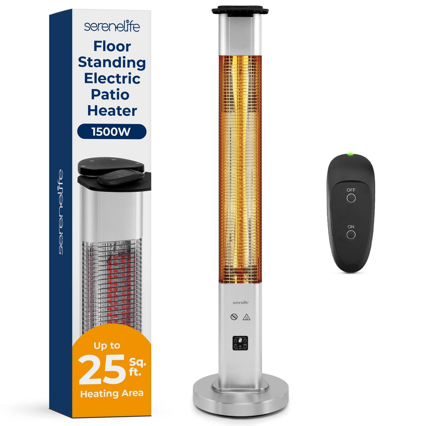 SereneLife Outdoor Electric Patio Heater - 1500W High-Efficiency Infrared Heating, Remote Control Standing Heater with Aluminum Reflector, Waterproof Design, IP65 Approved, Quiet Operation
