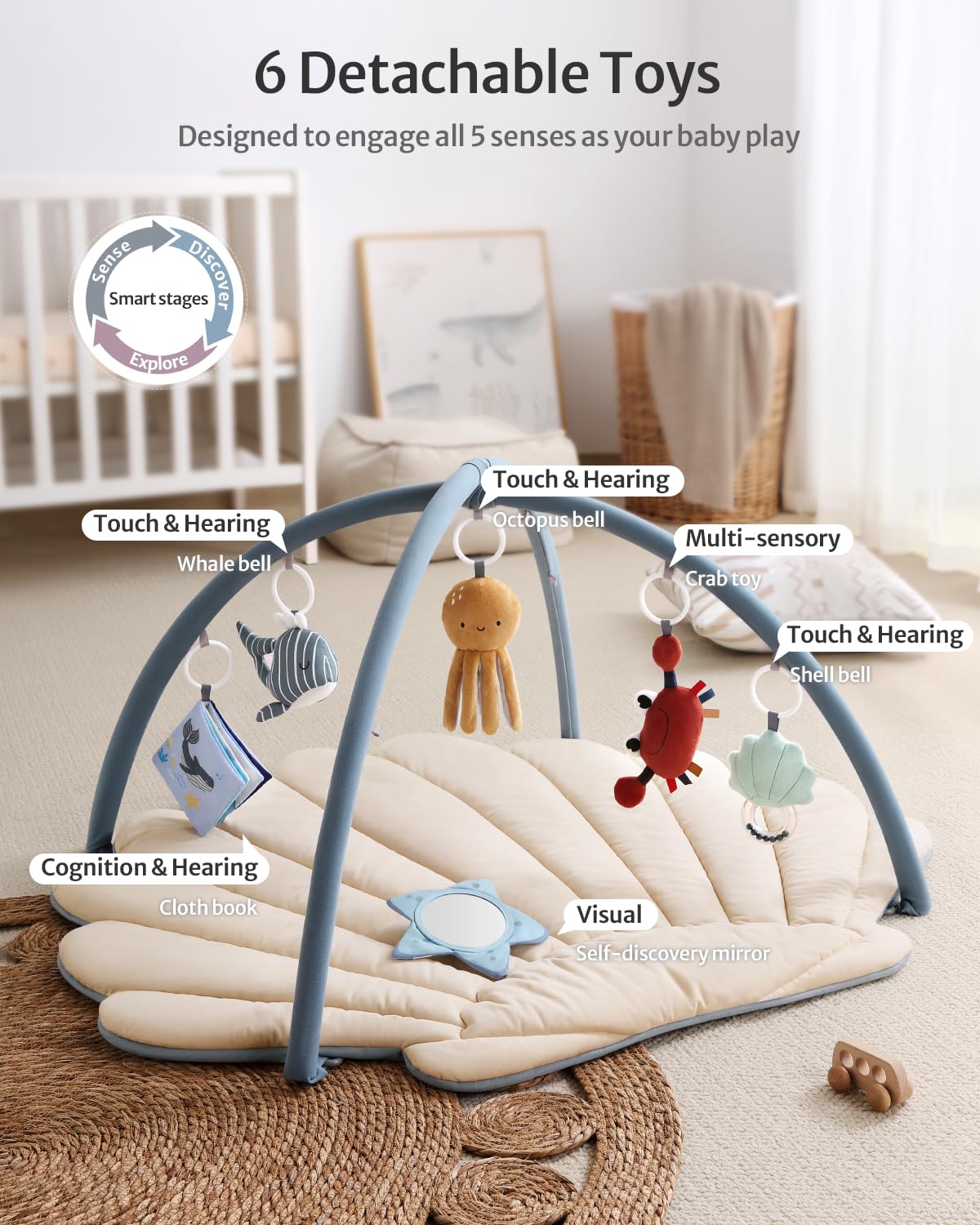 Blissful Diary Shell Baby Play Gym Mat, Softer & Enlarged Tummy Time Mat w 6 Detachable Toys for Sensory & Motor Skill Development, Activity Mat for Newborn Essentials Shower Gift, Boho Ocean Theme