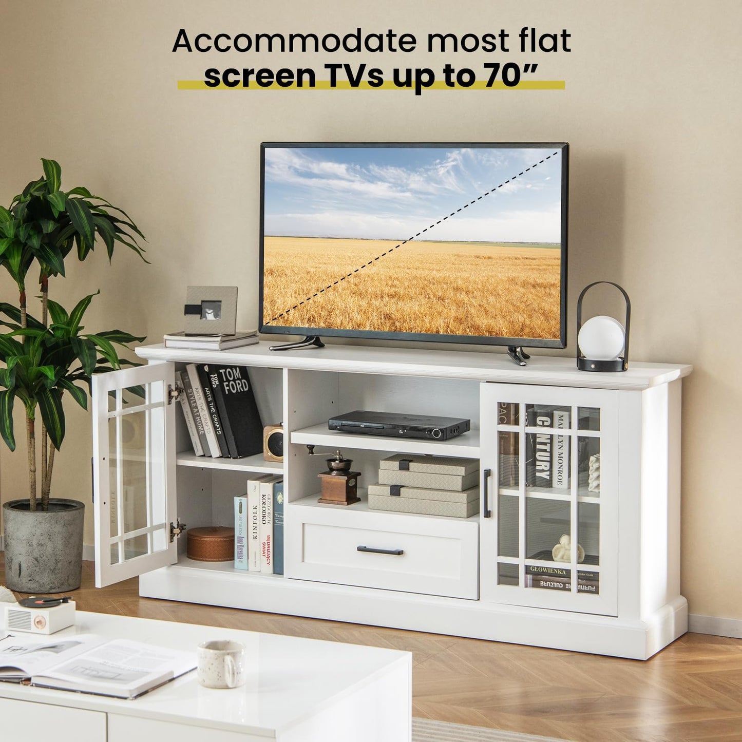 Tangkula Farmhouse TV Stand for TV up to 65 70 Inches, Tall Media Console Table with 2 Glass Storage Cabinets, 1 Drawer & 2 Open Shelves, Wooden Entertainment Center for Living Room (White)