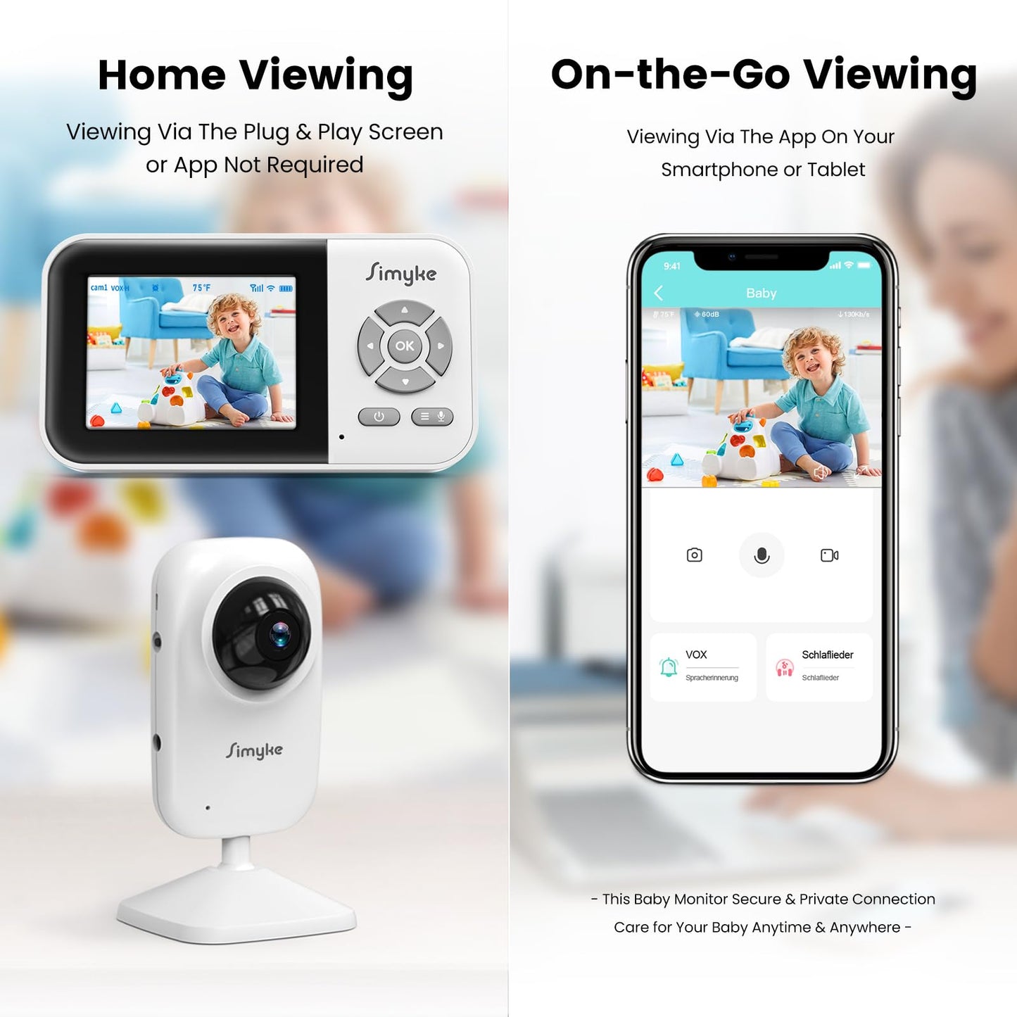 Simyke Video Baby Monitor with Camera No WiFi 1200ft Long Range, 2.8" Plug & Play Diaplay, Auto Night Vision, 5 Lullabies Portable Baby Sound Monitor, Baby Room Use, for Baby/Elderly