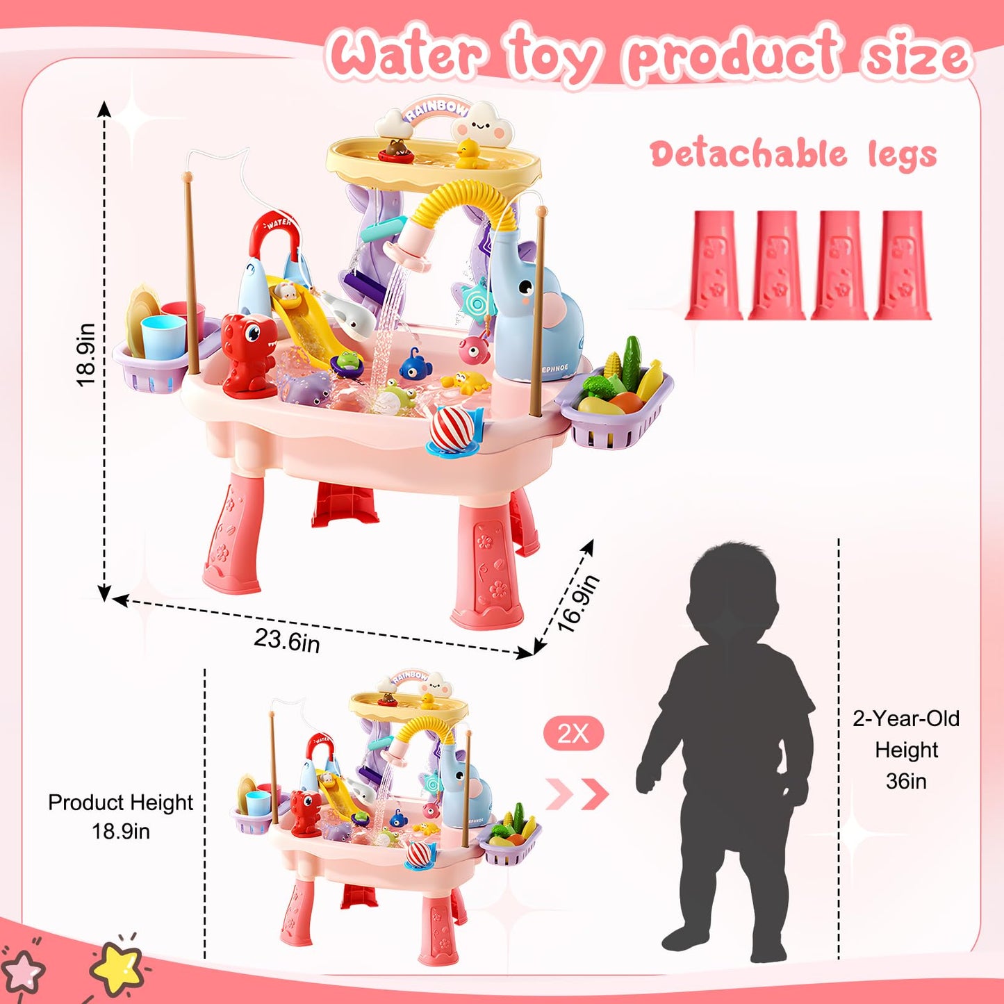 NOPROB 2027 Upgraded Toddlers 1-3 Water Table with Electric Pump, Kids Water Table with Faucet Play Food Accessories Fishing Toy, Kitchen Play Sink Toys for Girl Boy Age 4-8 (Pink)