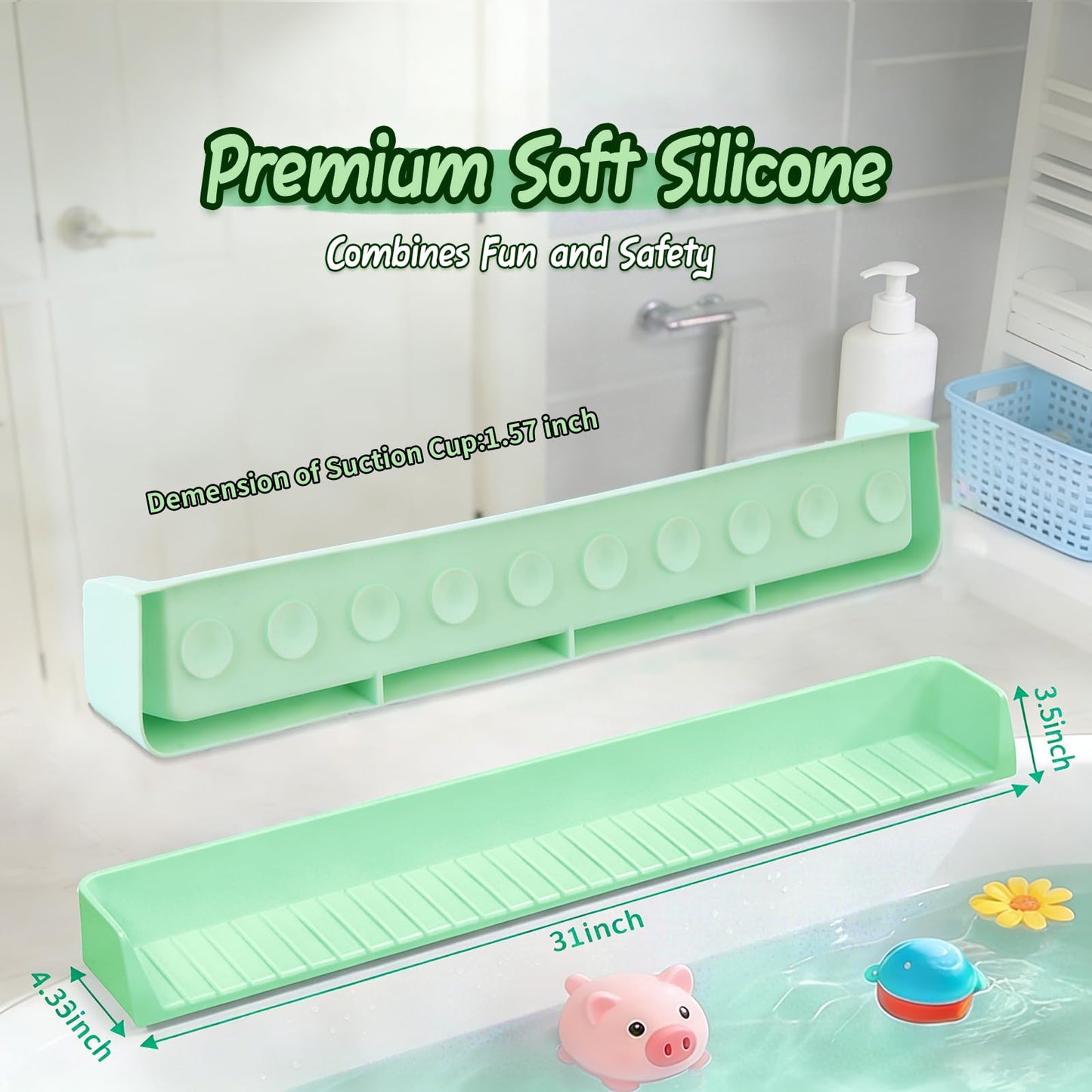 Bathtub Splash Guard for tub Kids& Bath Shelf for Kids – Toddler Bath Tray, Bath Toys Storage & Ledge Organizer – Splash Guard for Bathtub with Suction Cups – Kids Bathroom Accessories(2.6FT, Green)