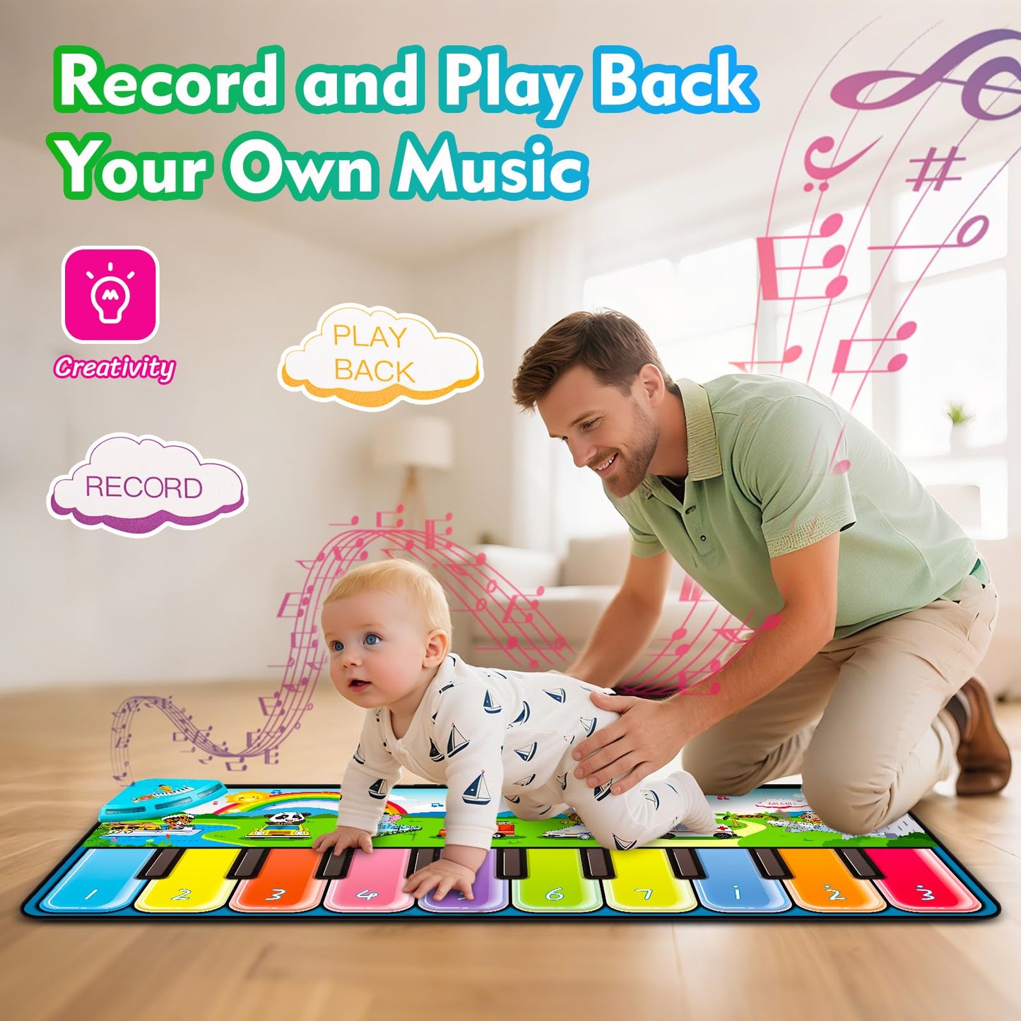 FUCEORUY Piano Mat Musical Toys for Toddlers 1-3, Sensory Learning Toy Floor Piano Playmat Toys for 1 2 Year Old Boy Girl Gifts, with 7 Animal, 7 Vehicle & 10 Songs Sound (Kids Edition)