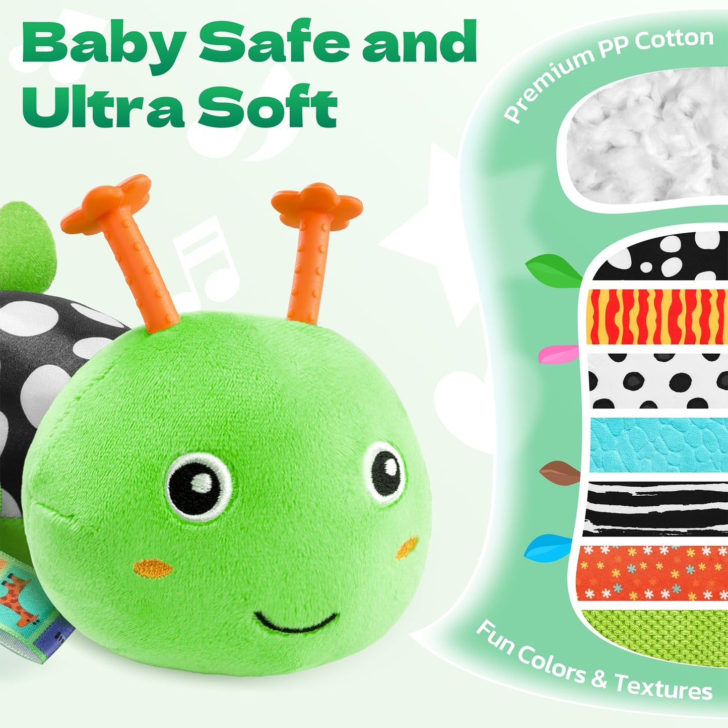 HEMRLY Baby Sensory Toy 0-6 Months, Musical Stuffed Caterpillar Plush with Teether, Crinkle, Rattle, Baby Mirror for Tummy Time, Infant Car Seat Toy for 0-3-6-12 Month Boys Girls Gifts - Winged Green