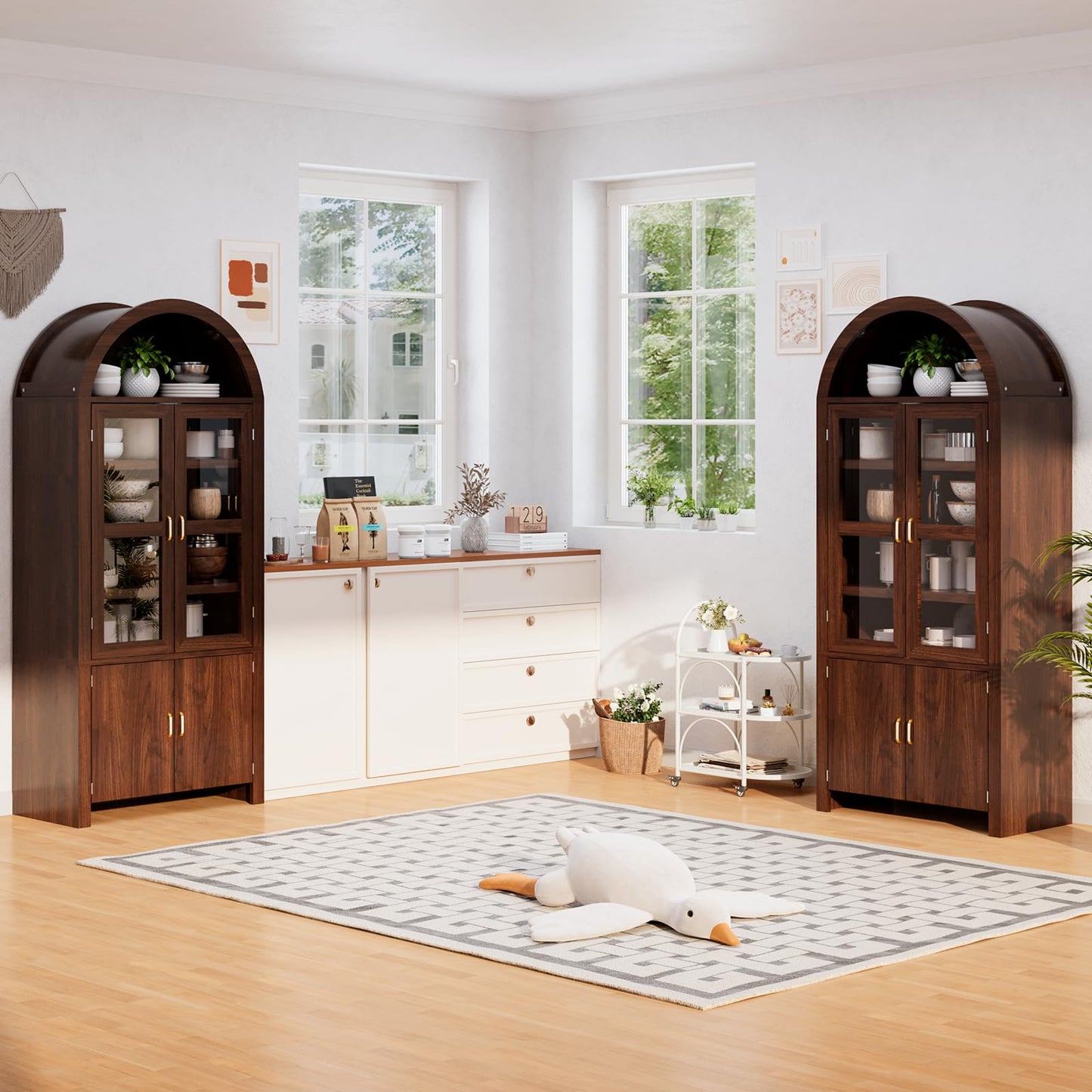 Breezestival 71" Tall Arched Kitchen Pantry Cabinet, Modern Farmhouse Wood Kitchens Storage Cabinets, Cupboard for Dining Room, Kitchen, Bathroom, Brown