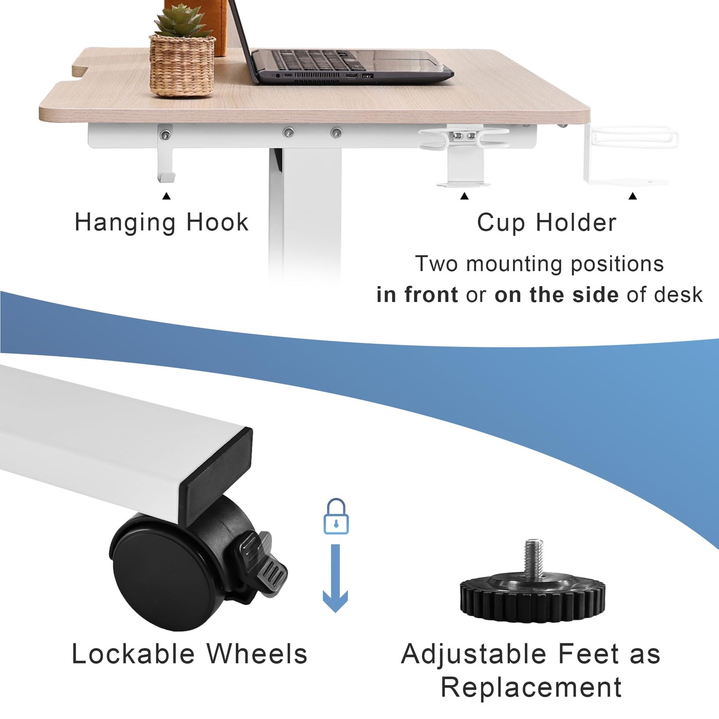 yaaqoo Small Standing Desk with Wheels, 35" x 24" Whole Piece Electric Height Adjustable Desks, Rolling Sit Stand Workstation with Cup Holder, Hook, White Frame, Oak Table Top