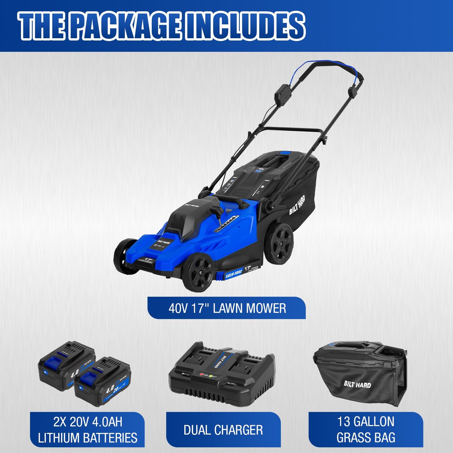 BILT HARD 40V 17" Brushless Cordless Lawn Mower, 2-in-1 Electric Lawn Mower, Push Lawnmower with 6-Position Height Adjustment, 2 x 4.0Ah Batteries & Dual Charger Included