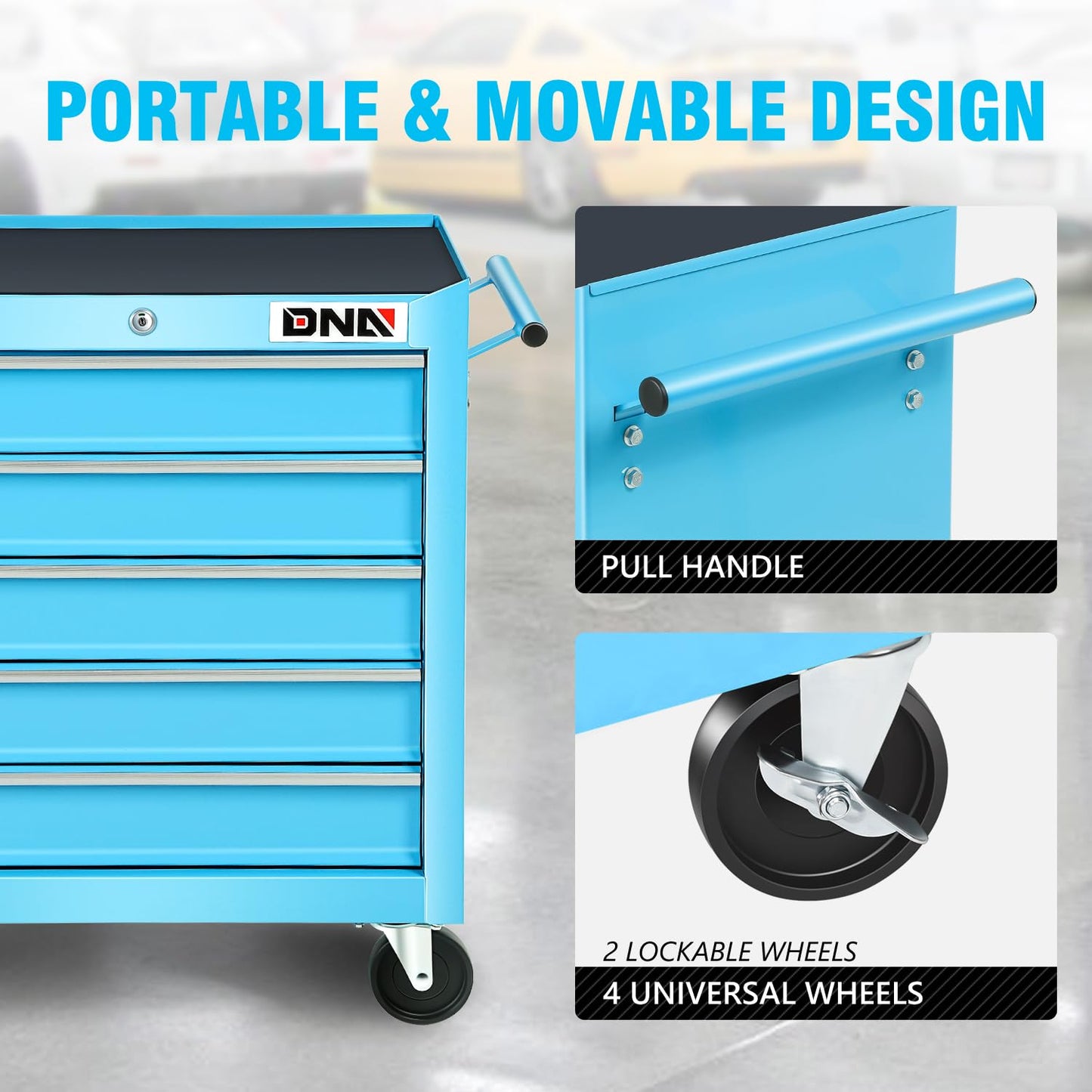 DNA Motoring 5-Drawer Plastic Top Rolling Tool Cabinet with Keyed Locking System,13" D x 24.5" W x 30.3" H, Blue, TOOLS-00485
