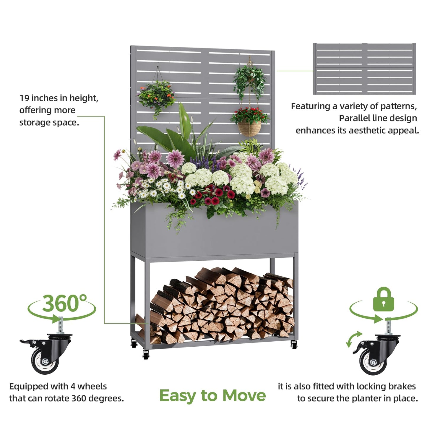 Diyfire Metal Planter Box with Trellis, 67"x35"x16"Metal Raised Garden Bed with Drainage Holes, Raised Garden Beds Outdoor, Privacy Planters Trellis for Climbing Plants, Patio,Garden, Wheels, Grey