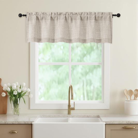 WelvetBLK Linen Valances for Windows, Light Filtering Faux Linen Textured Small Short Window Curtain for Bathroom Basement Farmhouse, Rod Pocket Top Half Curtains for Windows, 60Wx14L Inch