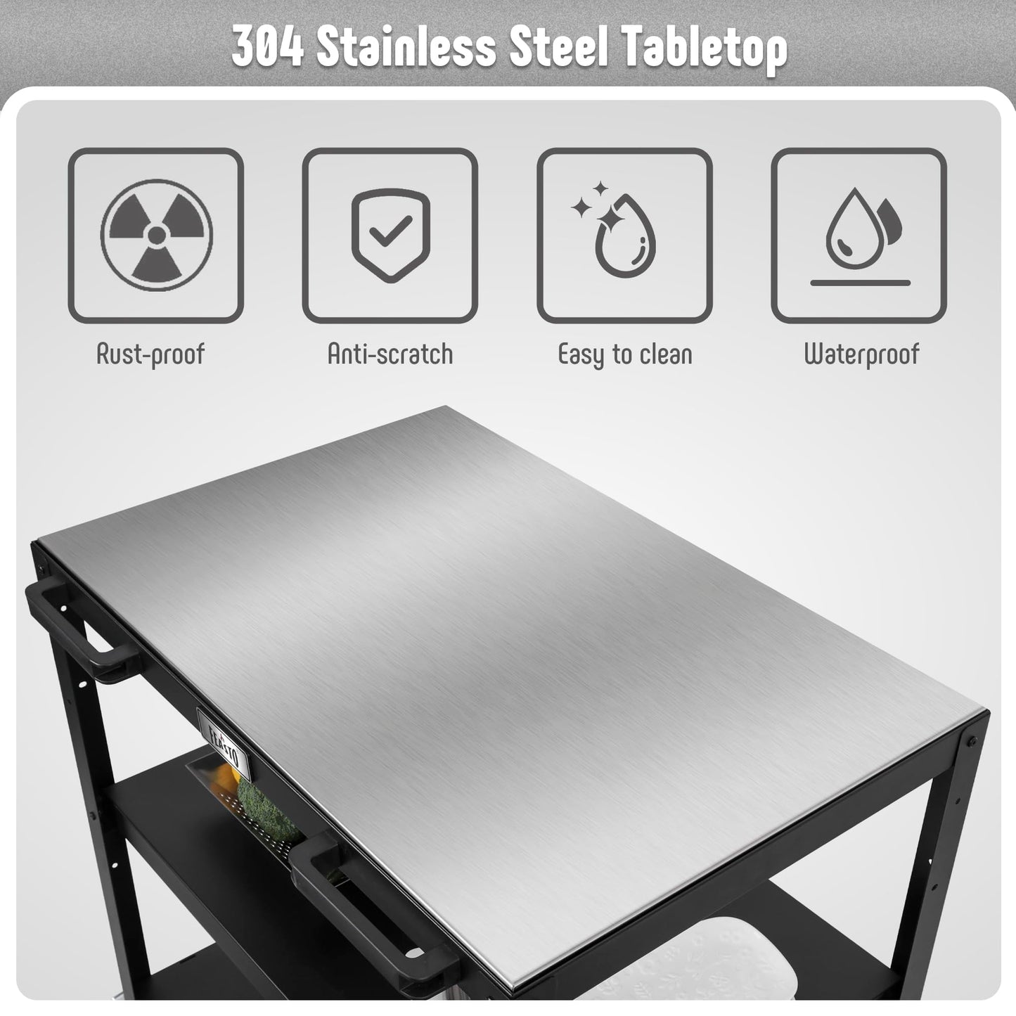 Feasto 36''x 24'' Large Movable Pizza Oven Table for Outdoor, 304 Stainless Steel Grill Cart with Wheels, 3-Shelf Outdoor Kitchen Prep Table Pizza Oven Stand on Wheels for Pizza Oven& Griddle
