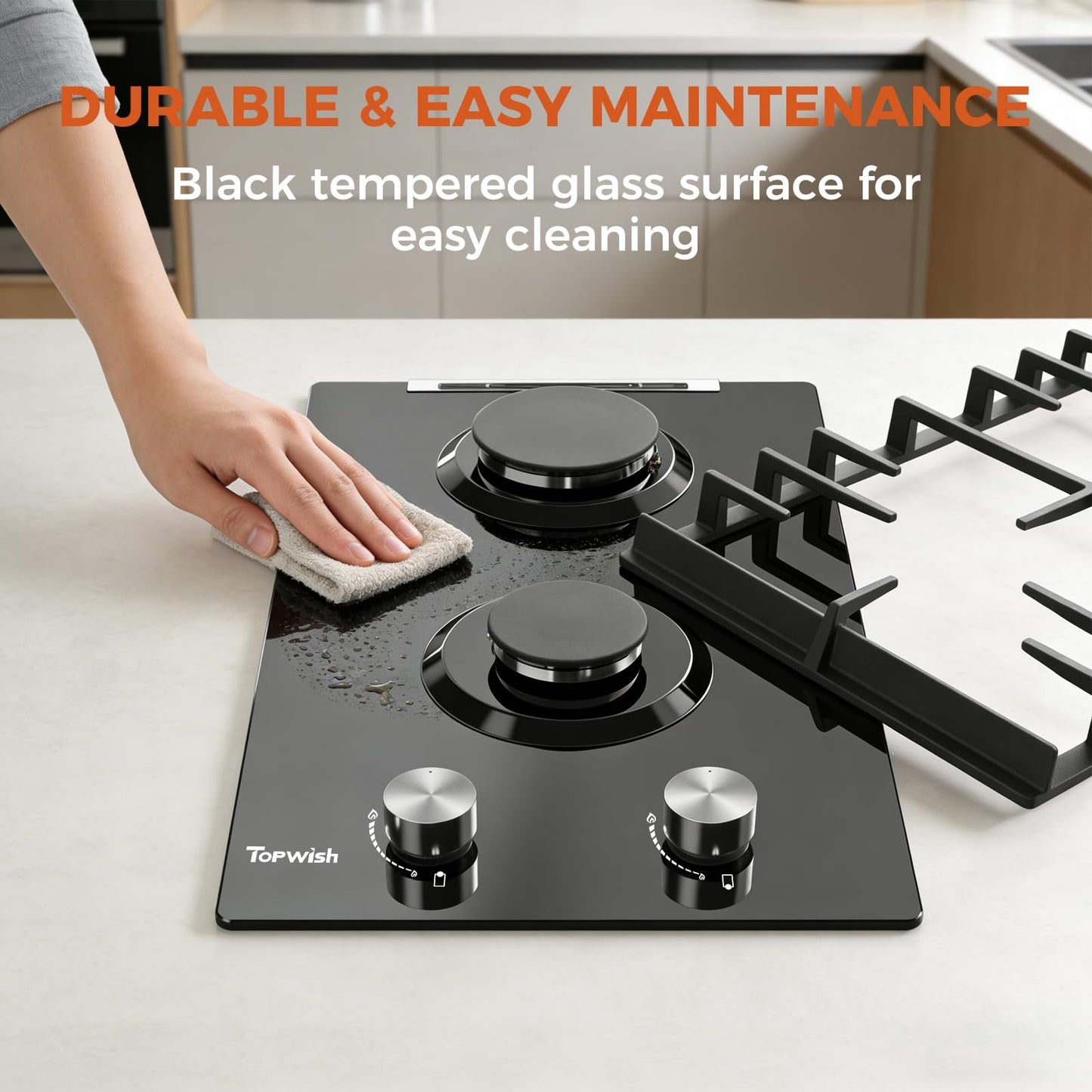 TOPWISH 12 Inch Gas Cooktop 2 Burner, Propane Stove Top 18,000 BTU Black Tempered Glass LPG/NG Convertible Dual Fuel Built-in Natural Hob with Thermocouple Protection for Rvs Kitchens Apartment Indoor