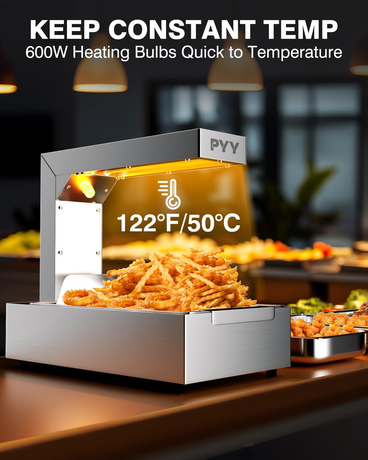 PYY French Fry Warmer - Commercial Food Heat Lamp 122°F Free-Standing Warming Fry Dump Station Countertop Fries Commercial Food Warmer Light for Chips Churros Buffet Restaurant