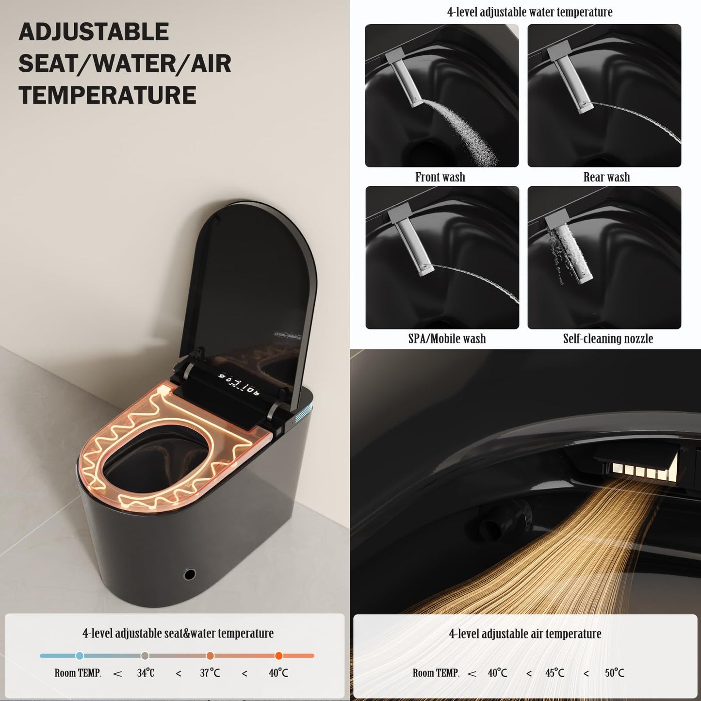 Black Smart Toilet with Auto Open/Close Lid, Modern Intelligent Tankless One Piece Toilet with Bidet Built In, Warm Water, Warm Air Drying, Self-Cleaning Heated Seat Toilet with Remote Control.