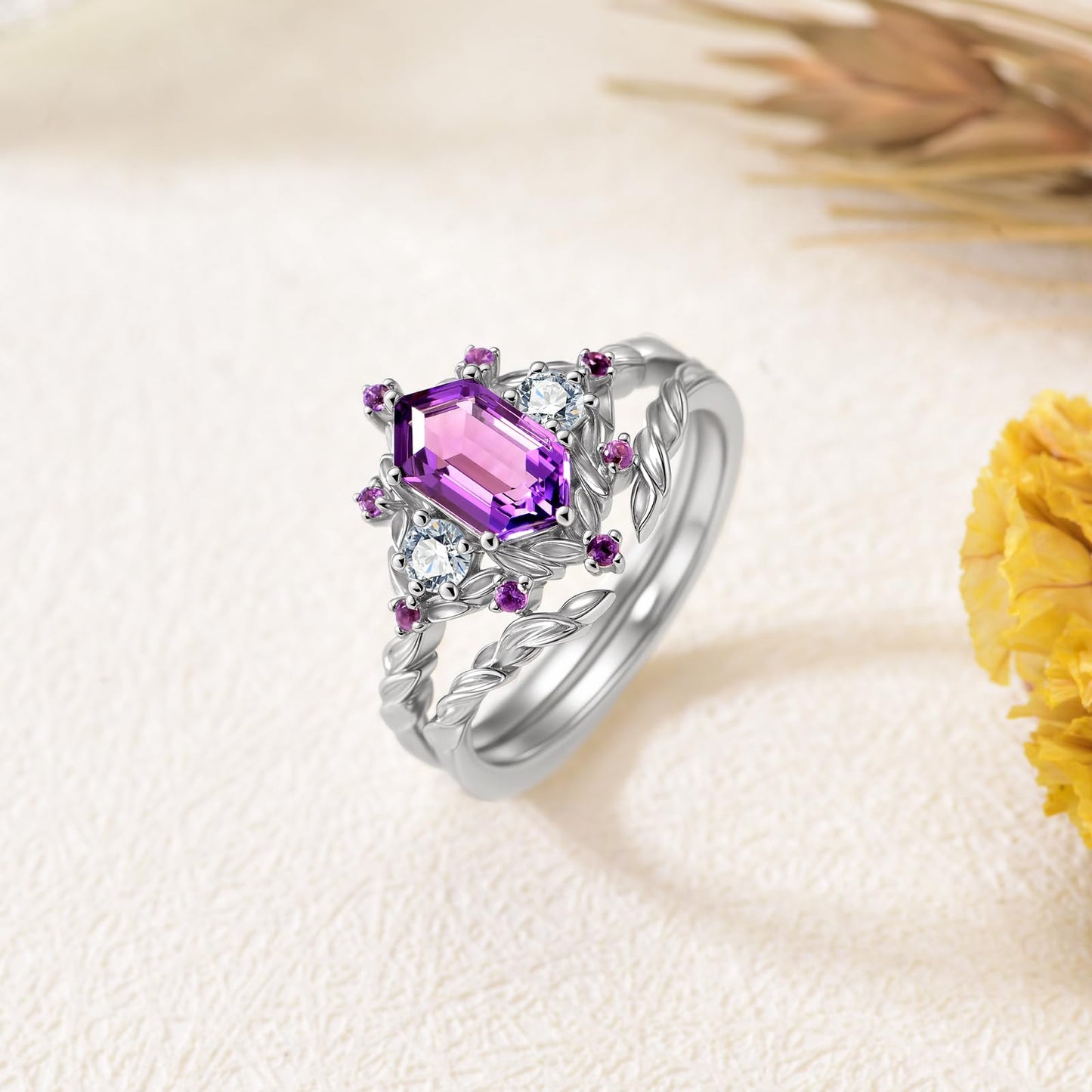 LieYovanaRing 1CT Hexagon-Cut Amethyst Wedding Ring Set 18K White Gold Platinum Plated Silver Three Stones Bridal Sets,S925 Amethyst Moissanite Engagement Ring Sets for Women Jewelry Gift for Anniversary Birthday (Size 8)