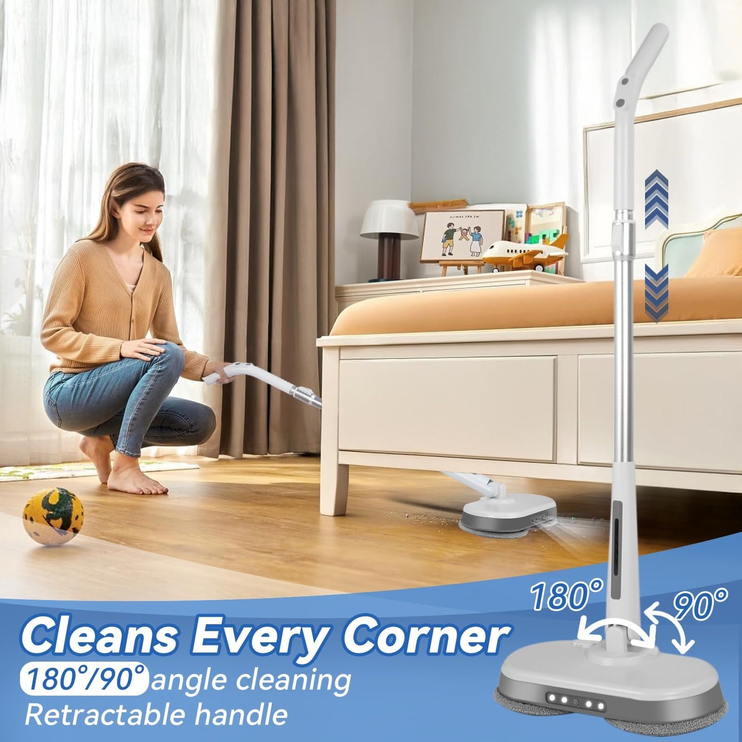 Cordless Electric Mop, Electric Spin Mop with LED Headlight and Water Spray,60 Mins Spin Power Scrubber Mops for Floor Cleaning,2000mAh Battery,350ml Water Tank,Standing Storage,Light Weight