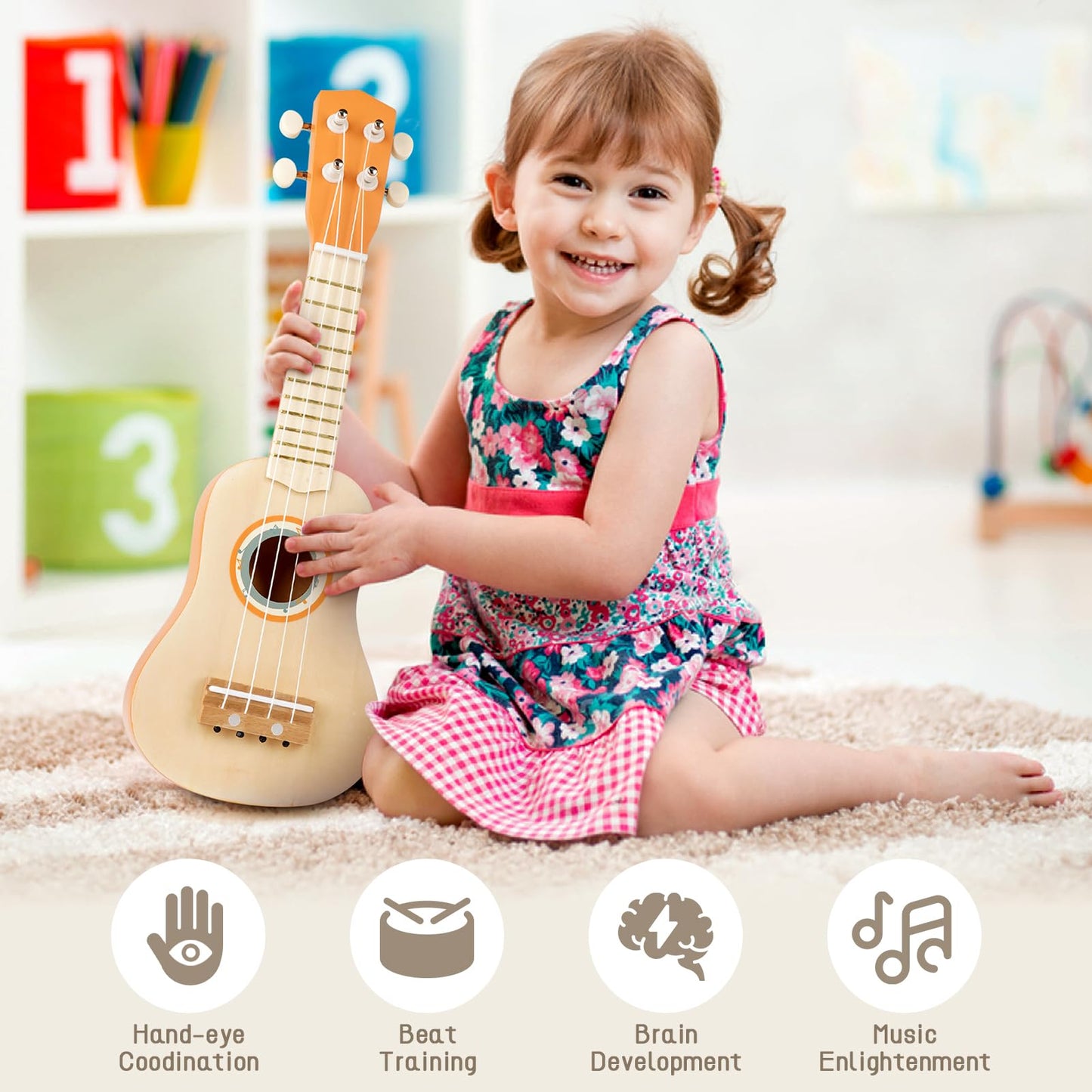 Vanplay Kids Guitar Set - Montessori Toys for 2 3 Year Old Boy Girls Birthday Gifts, 7 in 1 Musical Instruments for Toddlers 2-4, Band Sets with Ukulele/Flute/Tambourine/Maracas Toys for Kids 3-5