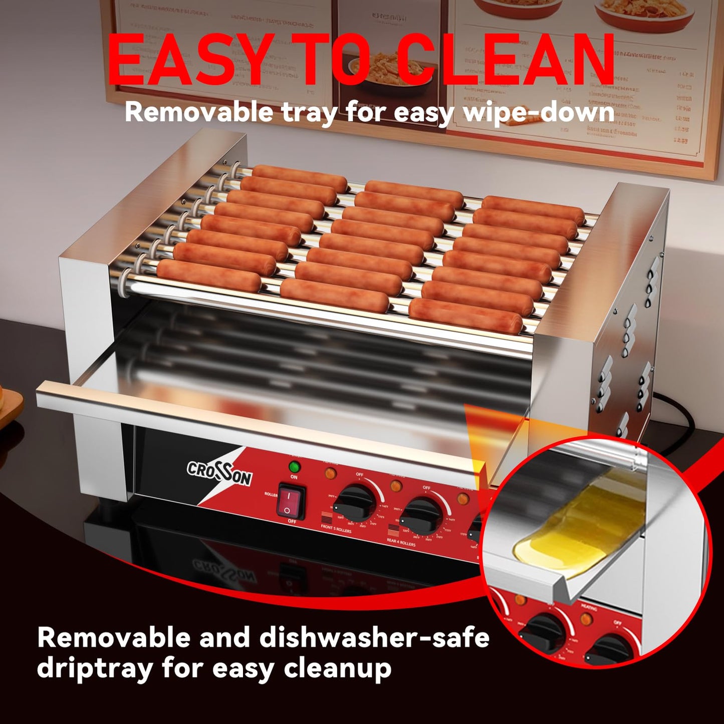 CROSSON Hot Dog Roller 9 Rollers 24 Hot Dogs,1750W Hot Dog Grill Cooker Machine with Bun Warmer,Three Temp Control Commercial 9 Nonstick 304 Roller