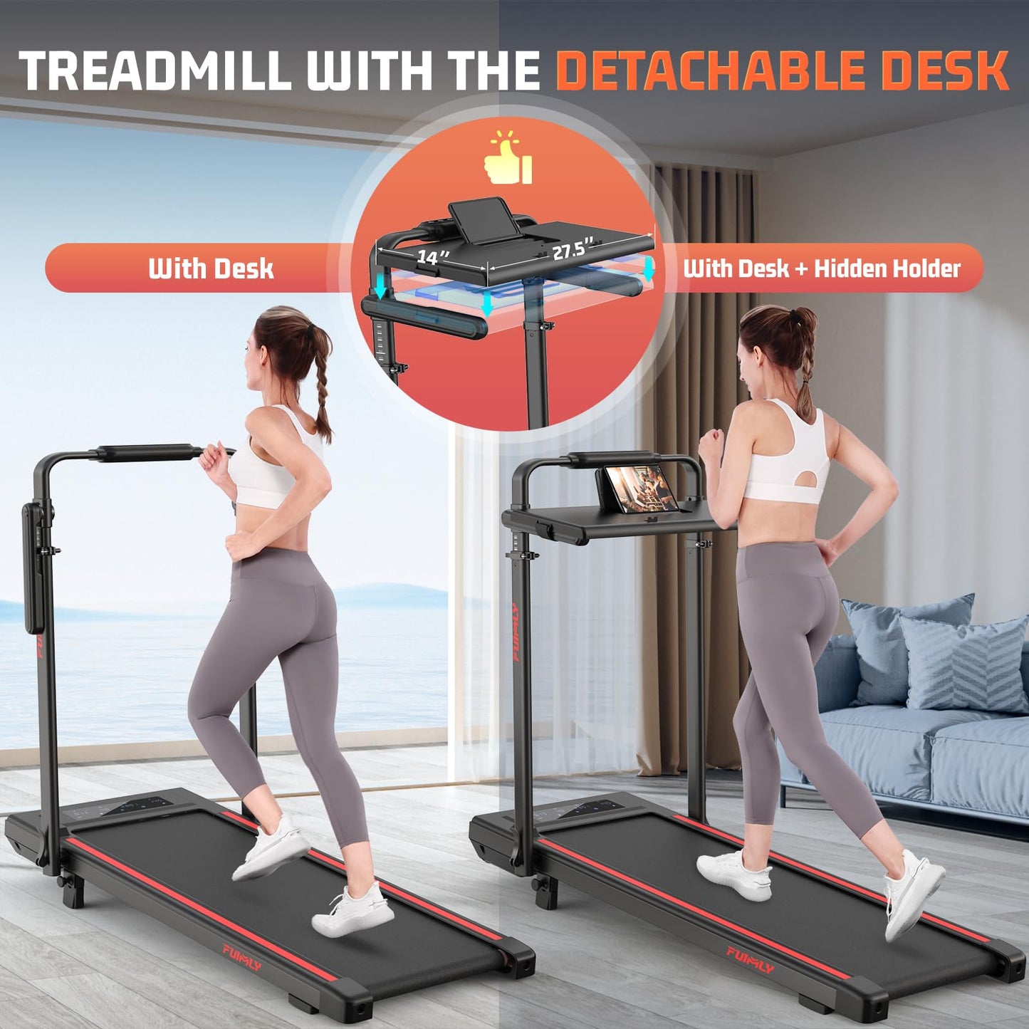 Walking Pad Treadmill with Removable Desk Workstation, 15% Incline Treadmill with Handle Bar, Foldable Treadmills Under Desk, Adjustable Height, 400 lbs+ Capacity, Walking or Running for Home Office