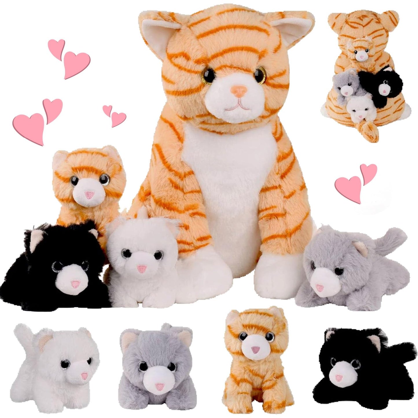 5 PCS Cat Stuffed Animal with Babies Inside Belly, 1 Mommy Stuffed Orange Tabby Cat Toy with 4 Plush Kittens, Stuffed Kitty Plushies for Kids Boys Girls Christmas Birthday Gift