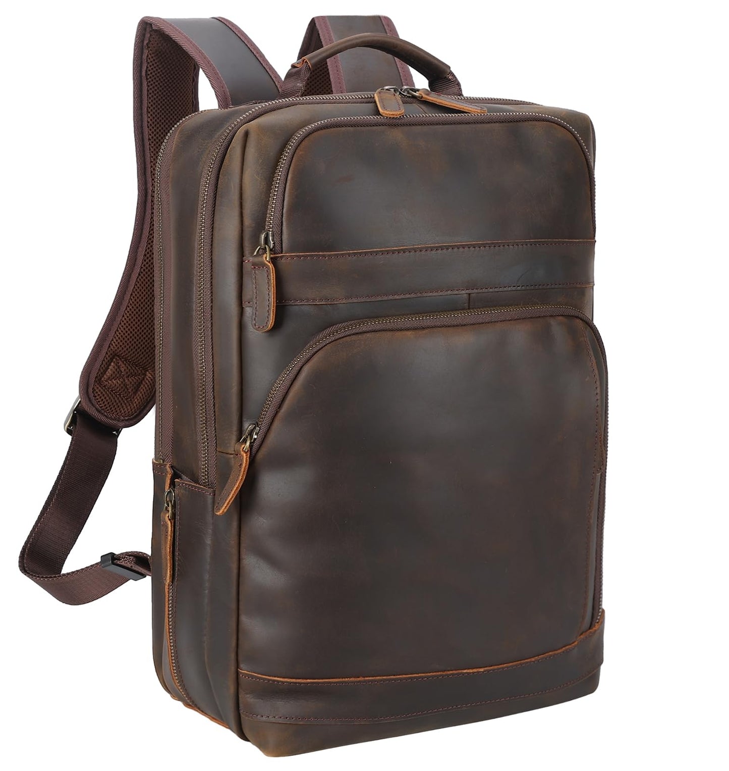 Masa Kawa Brown Leather Laptop Backpack for Men Fits 16” 15.6” Computer, Vintage Business Travel Work Large Daypack Weekender Bag Camping Rucksack