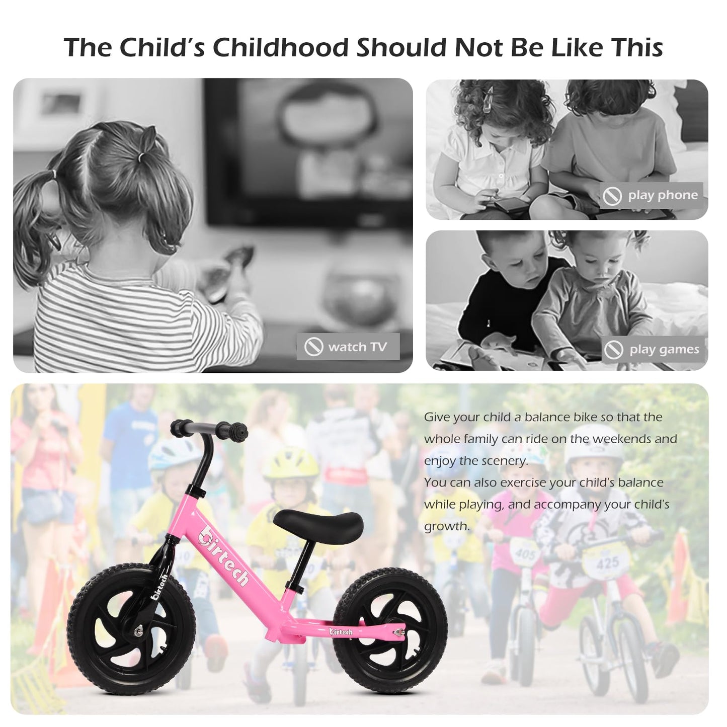 Birtech 12 Inch Toddler Balance Bike for Kids 2-6 Years Old, Adjustable Seat Height, Indoor Outdoor Toy Bicycle With No Pedals, Pink