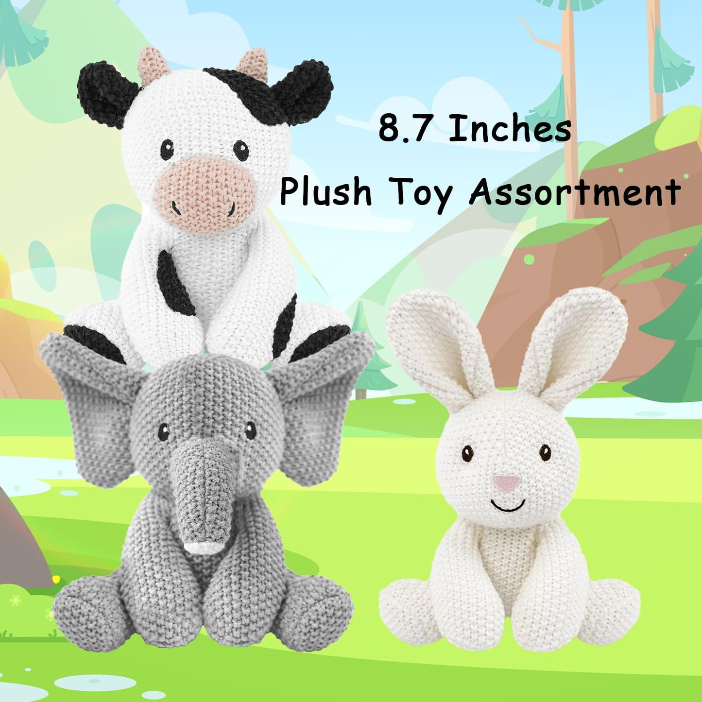 okegztoa 3Pcs Kids Stuffed Animals Toys 7-8" Knitted Crochet Bunny Plush Cute Elephant Cuddly Cow Cotton Animal Plush Toy Set Gift for Girls Boys and Babies, Christmas, Easter