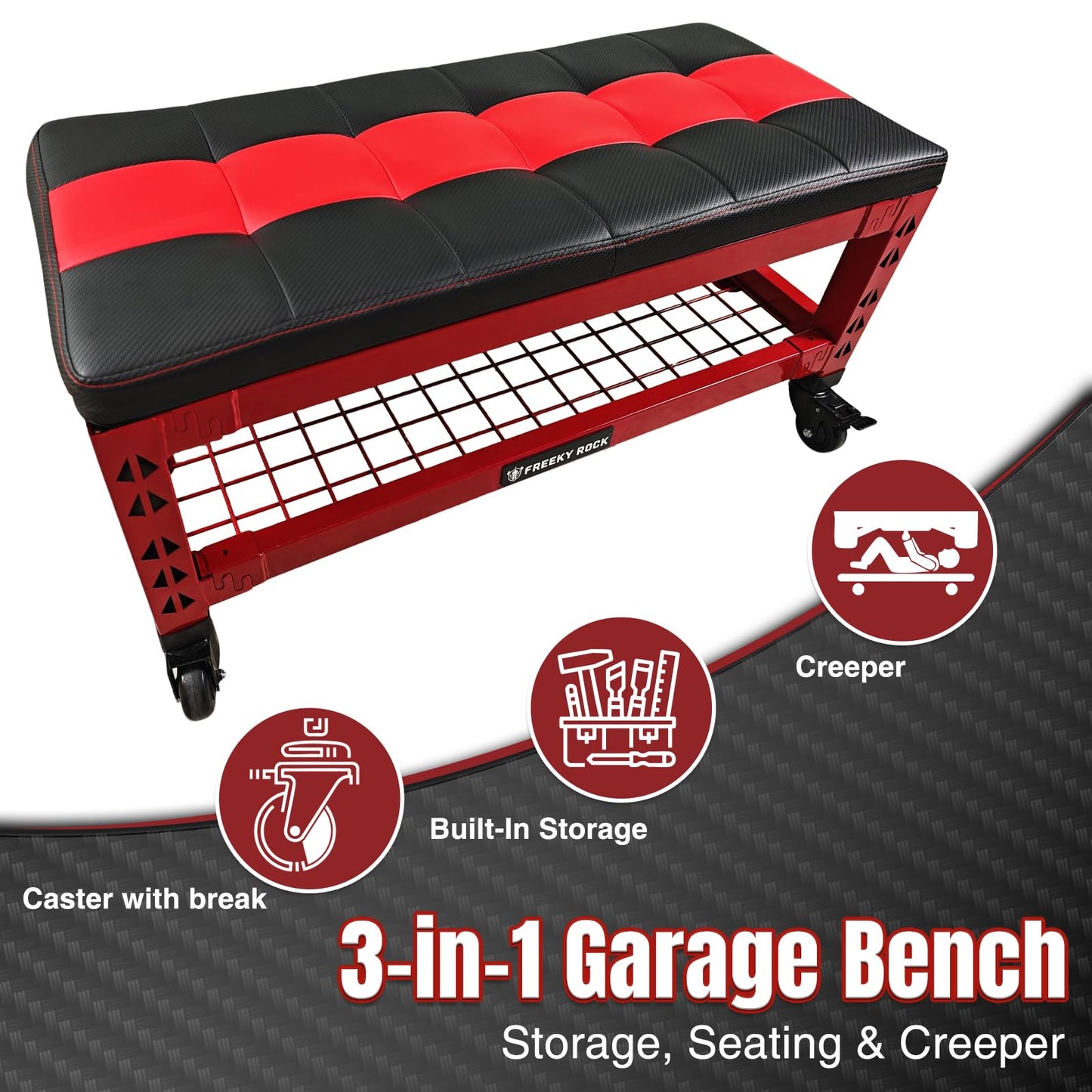 FREEKYROCK Heavy Duty Garage Bench Stool with Removable Creeper Pad, 2 Storage Shelves & 4 Wheels, 500LB Capacity Mobile Work Seat for Workshop, Car Repair, Red