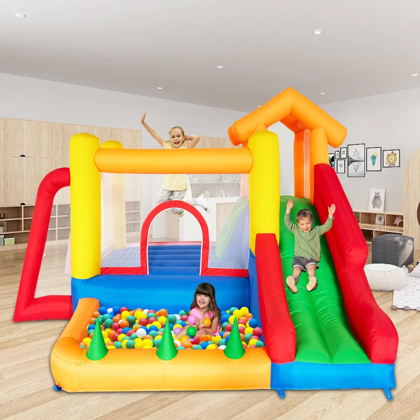 Baralir 7-in-1 Bounce House for Kids 3–10, Bouncy Castle with Long Slide, Kiddie Pool (Ball Pit), Soccer Goal, Climbing Wall, Basketball Hoop and Ring Toss Game - for Indoor or Backyard Fun