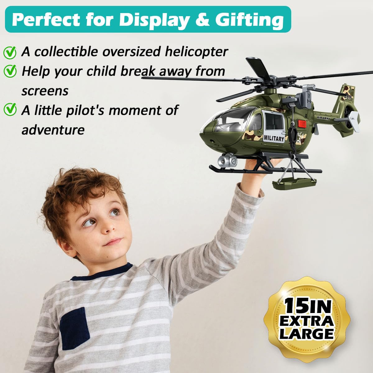 GreenToys Helicopter 15-in Military Airplane Toys for Kids with Hanging Basket Sounds and Lights for Boys Ages 3 4 5 6 7